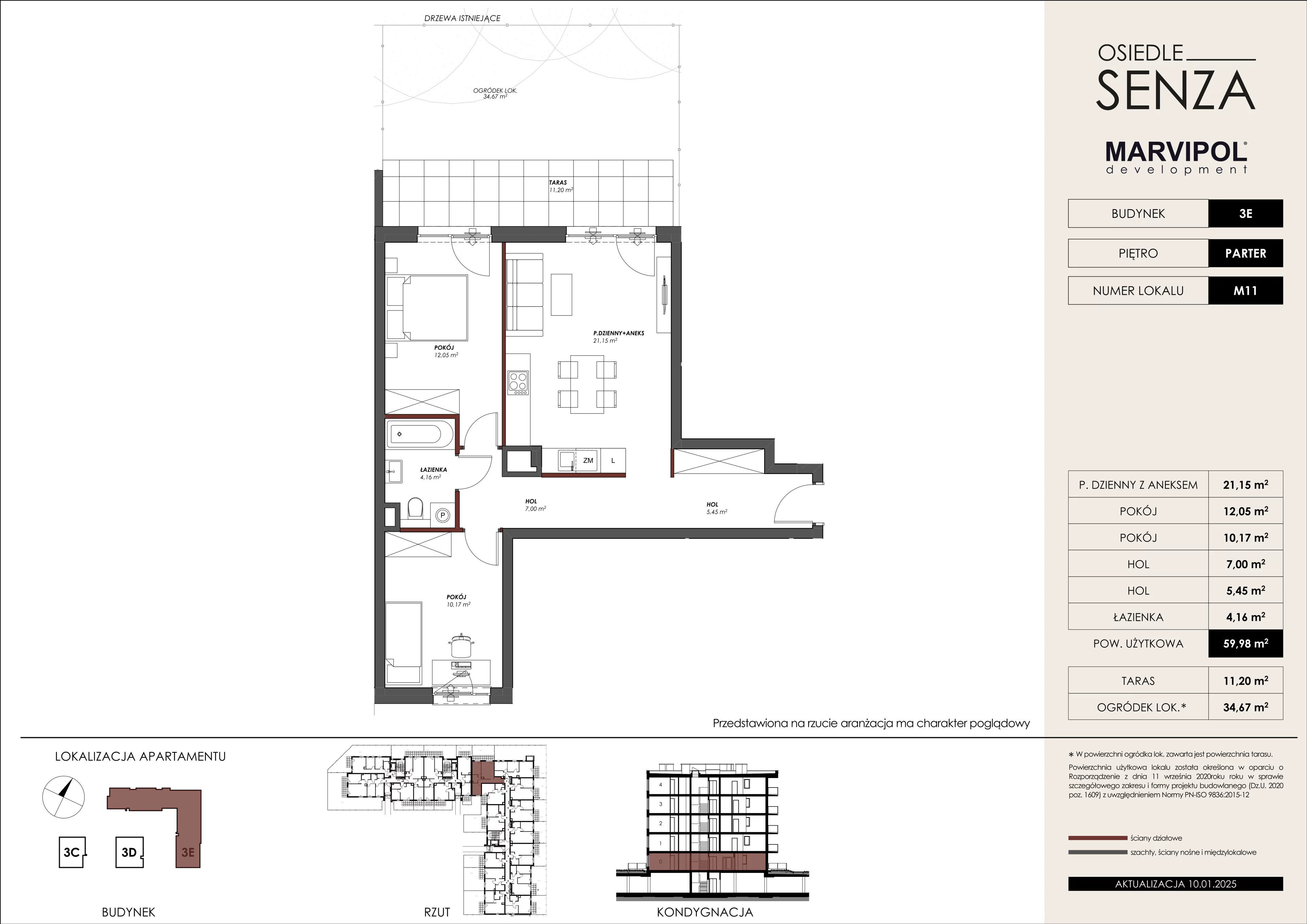 3 pokoje, mieszkanie 59,98 m², parter, oferta nr 3E/M11, Osiedle Senza, Warszawa, Białołęka, Nowodwory, ul. Grzymalitów 3C, 3D, 3E