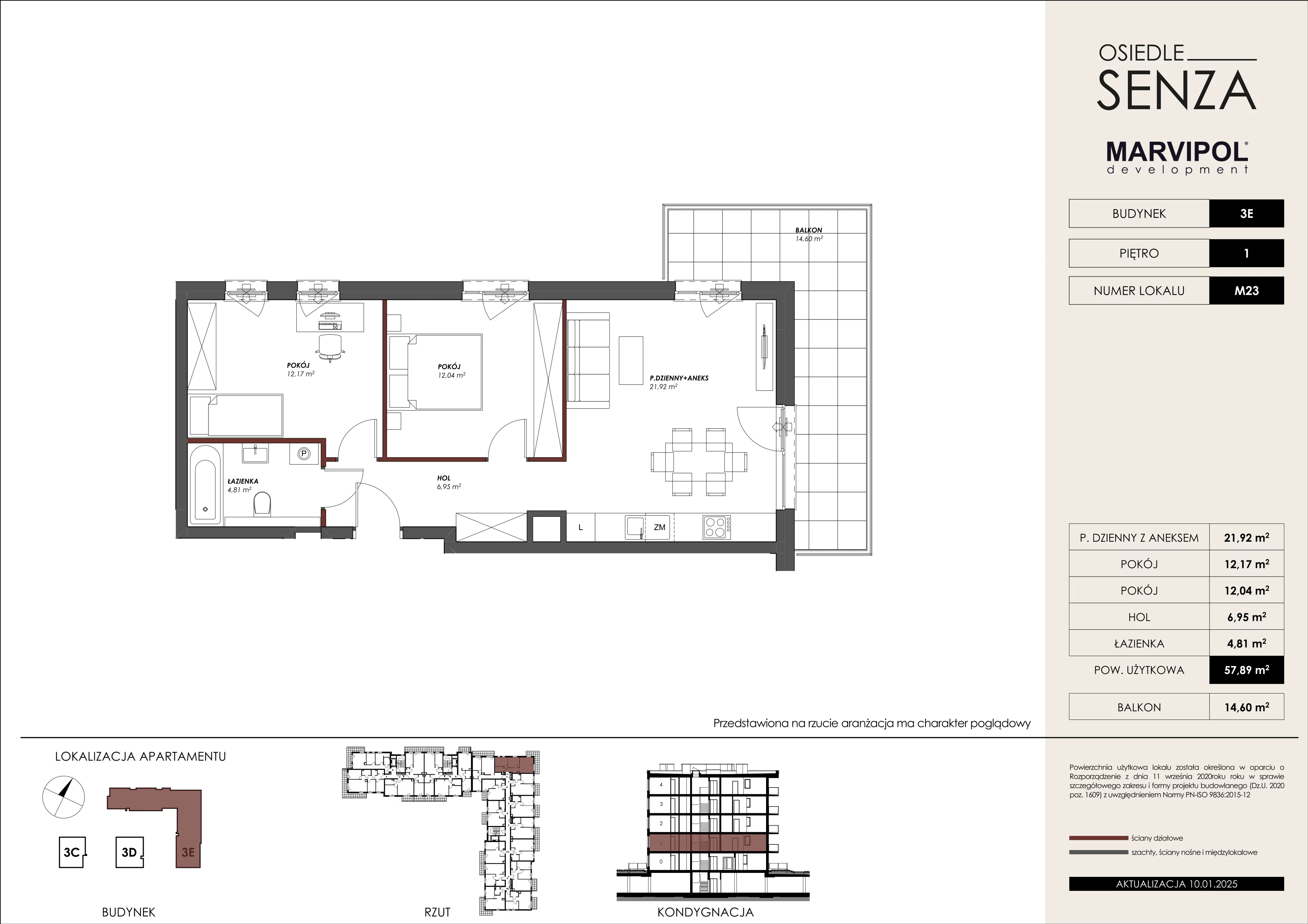 3 pokoje, mieszkanie 57,89 m², piętro 1, oferta nr 3E/M23, Osiedle Senza, Warszawa, Białołęka, Nowodwory, ul. Grzymalitów 3C, 3D, 3E