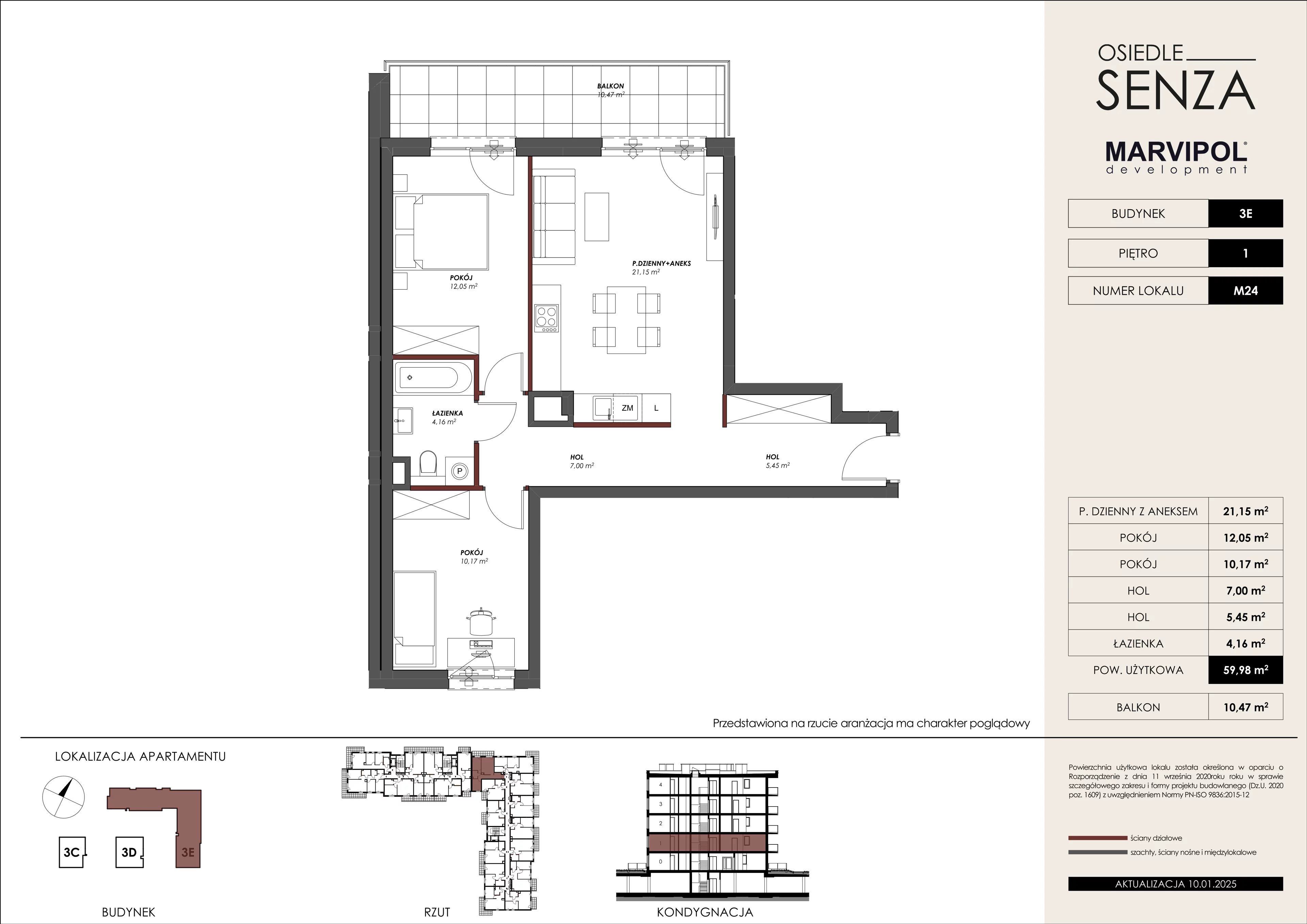 3 pokoje, mieszkanie 59,98 m², piętro 1, oferta nr 3E/M24, Osiedle Senza, Warszawa, Białołęka, Nowodwory, ul. Grzymalitów 3C, 3D, 3E