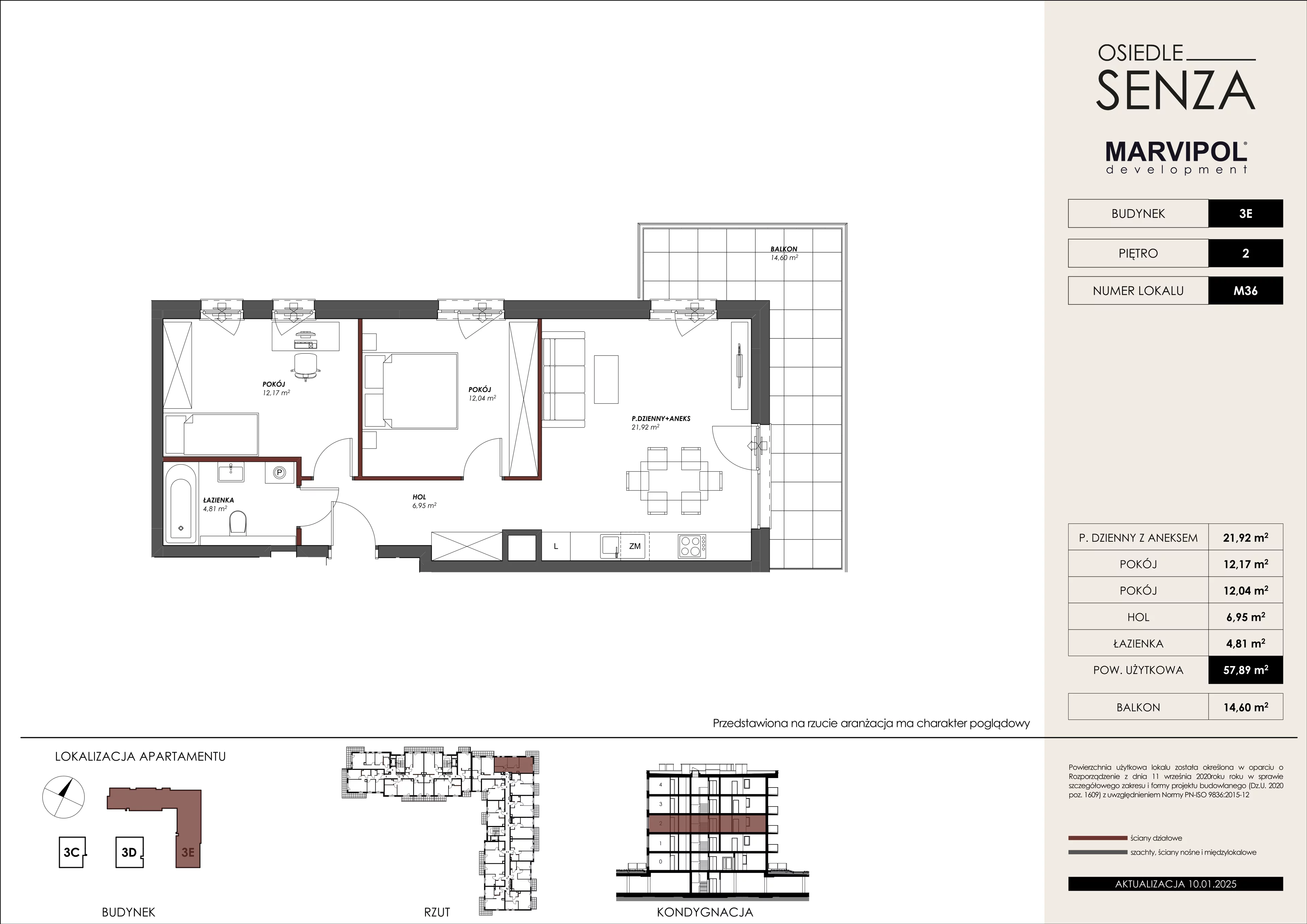 3 pokoje, mieszkanie 57,89 m², piętro 2, oferta nr 3E/M36, Osiedle Senza, Warszawa, Białołęka, Nowodwory, ul. Grzymalitów 3C, 3D, 3E