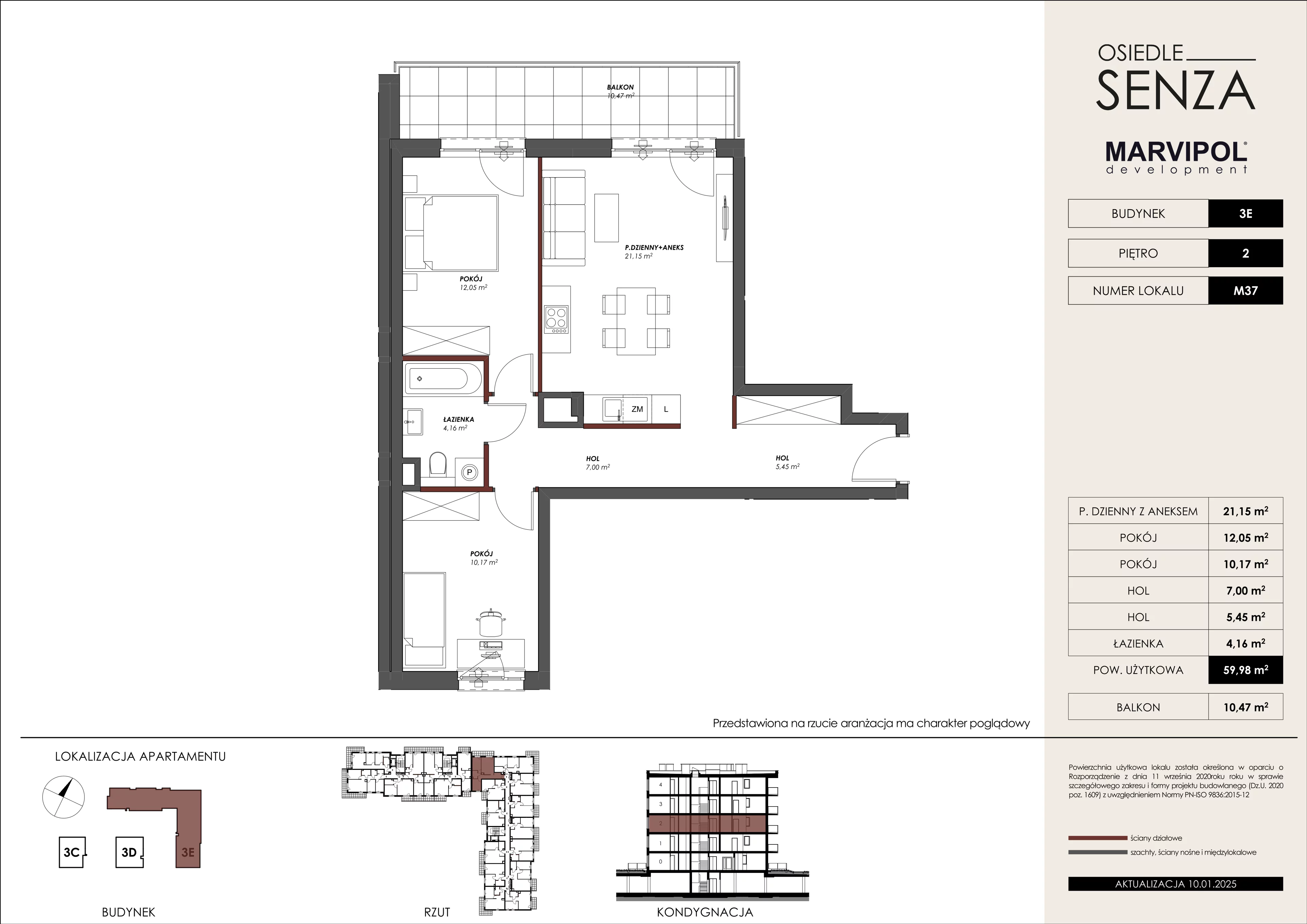 3 pokoje, mieszkanie 59,98 m², piętro 2, oferta nr 3E/M37, Osiedle Senza, Warszawa, Białołęka, Nowodwory, ul. Grzymalitów 3C, 3D, 3E