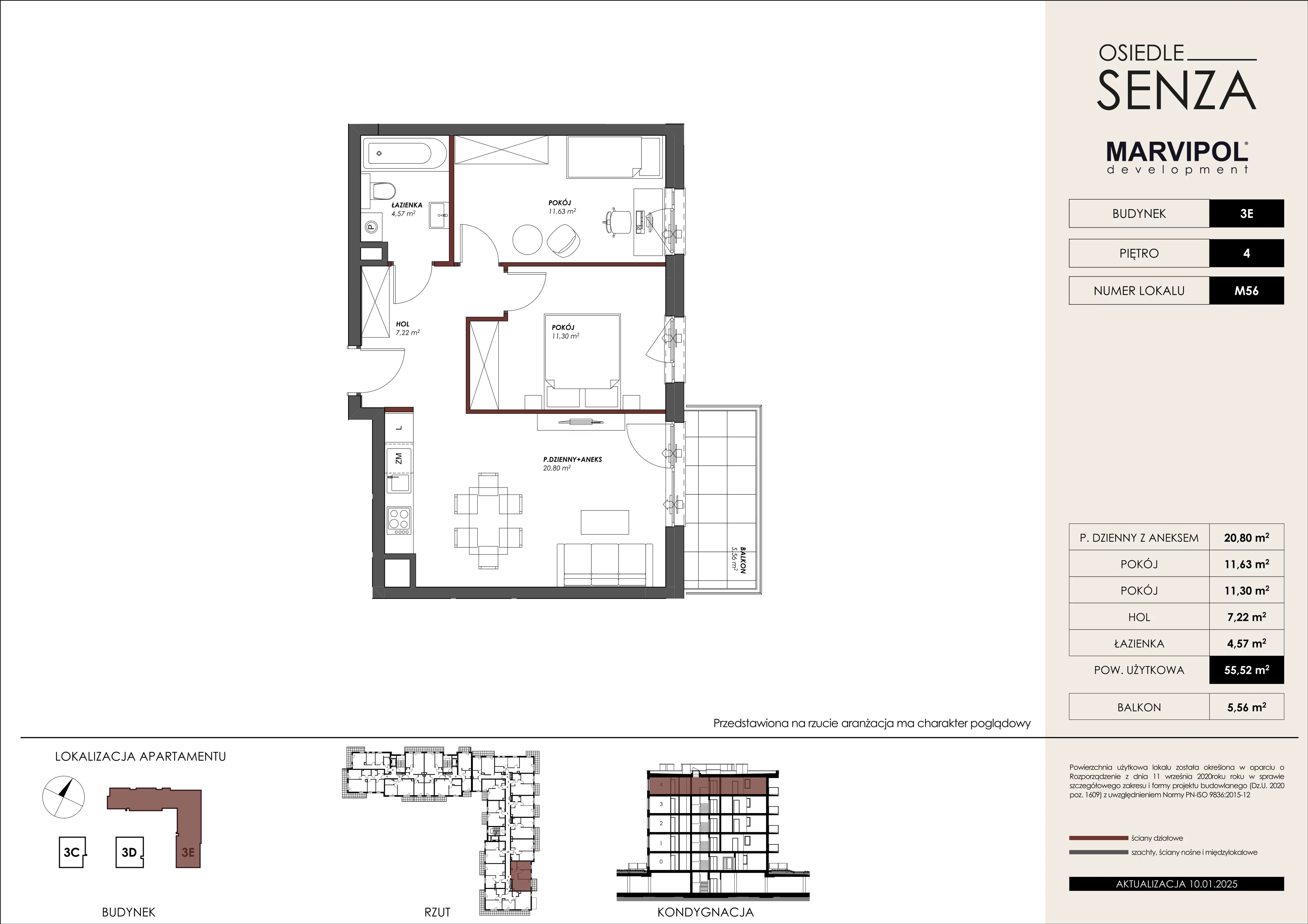 3 pokoje, mieszkanie 55,52 m², piętro 4, oferta nr 3E/M56, Osiedle Senza, Warszawa, Białołęka, Nowodwory, ul. Grzymalitów 3C, 3D, 3E