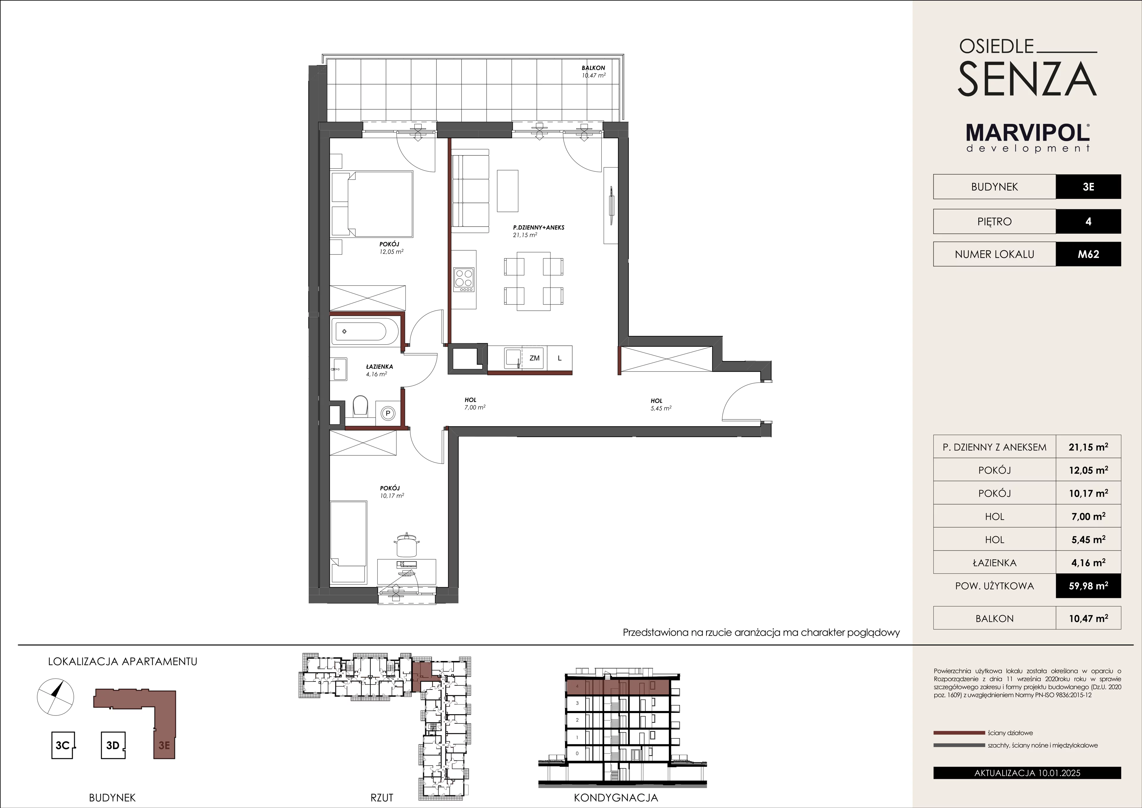 3 pokoje, mieszkanie 59,98 m², piętro 4, oferta nr 3E/M62, Osiedle Senza, Warszawa, Białołęka, Nowodwory, ul. Grzymalitów 3C, 3D, 3E