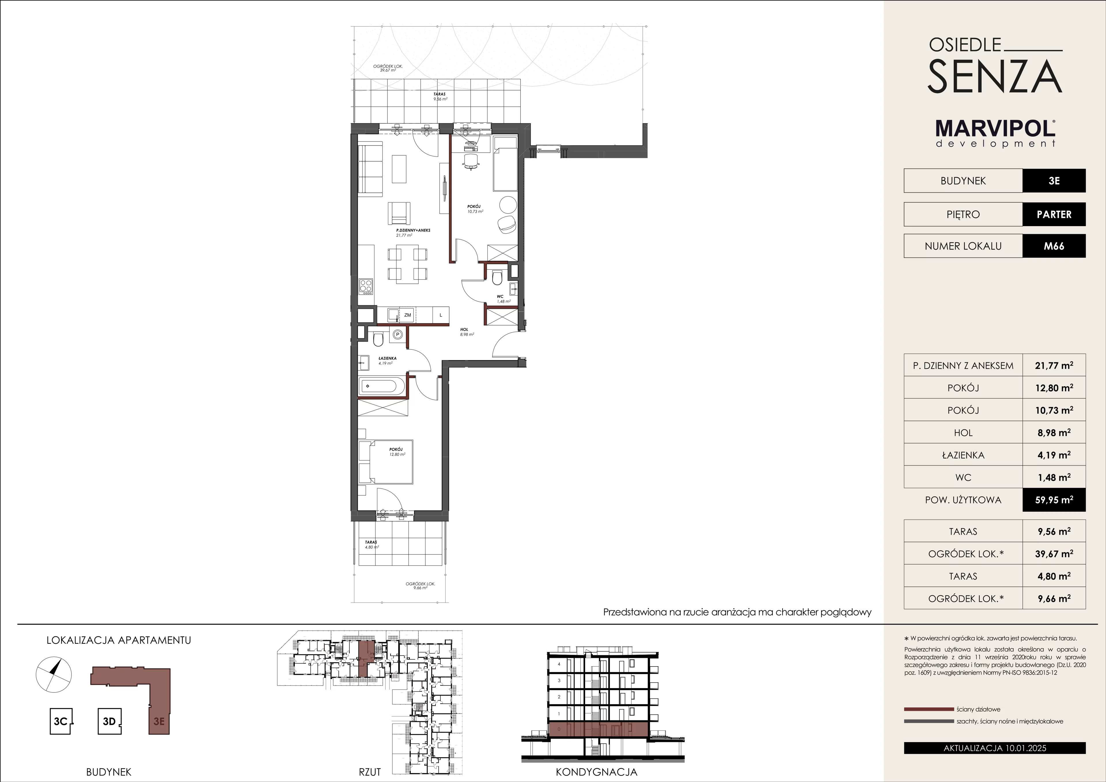 3 pokoje, mieszkanie 59,95 m², parter, oferta nr 3E/M66, Osiedle Senza, Warszawa, Białołęka, Nowodwory, ul. Grzymalitów 3C, 3D, 3E