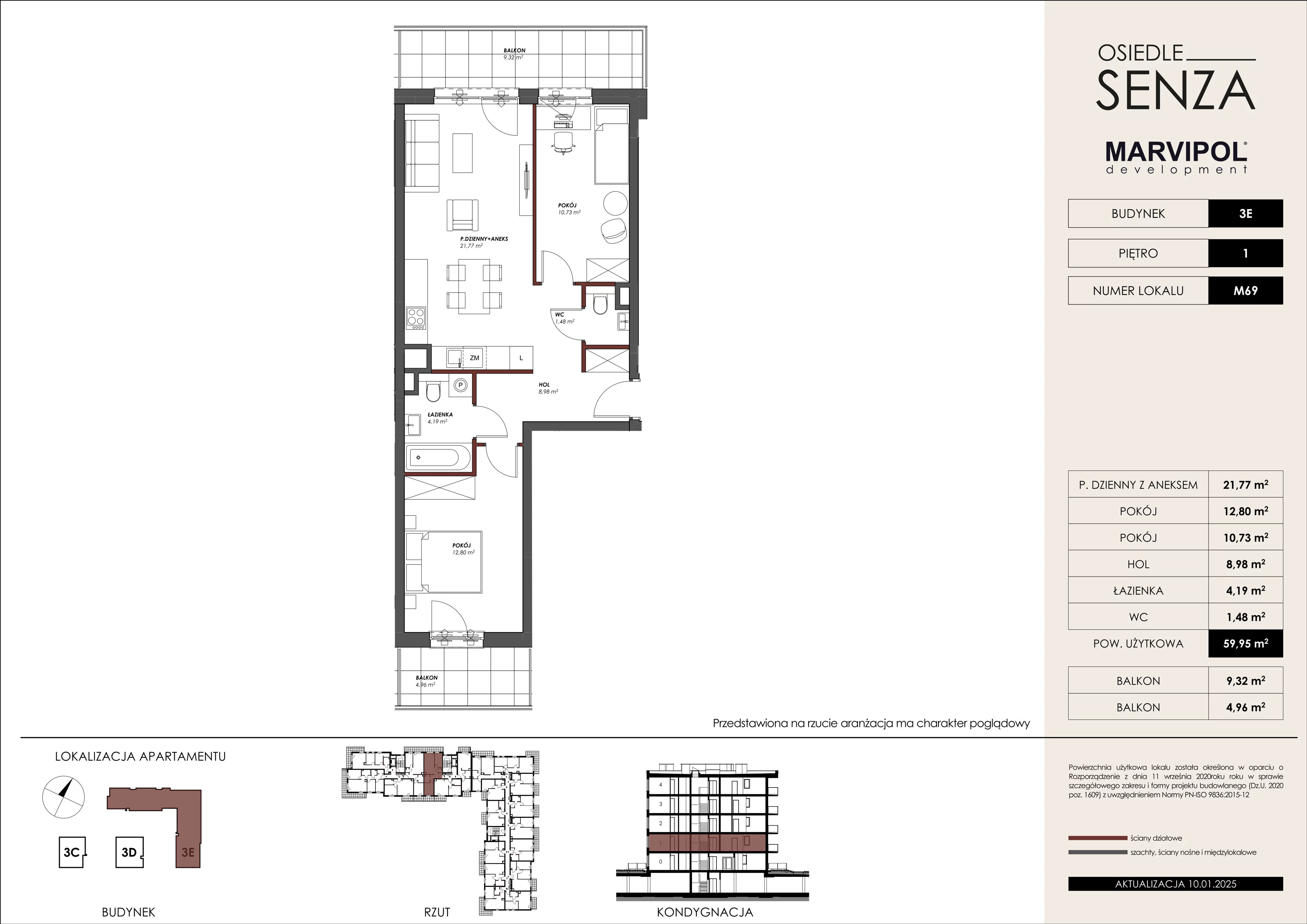 3 pokoje, mieszkanie 59,95 m², piętro 1, oferta nr 3E/M69, Osiedle Senza, Warszawa, Białołęka, Nowodwory, ul. Grzymalitów 3C, 3D, 3E