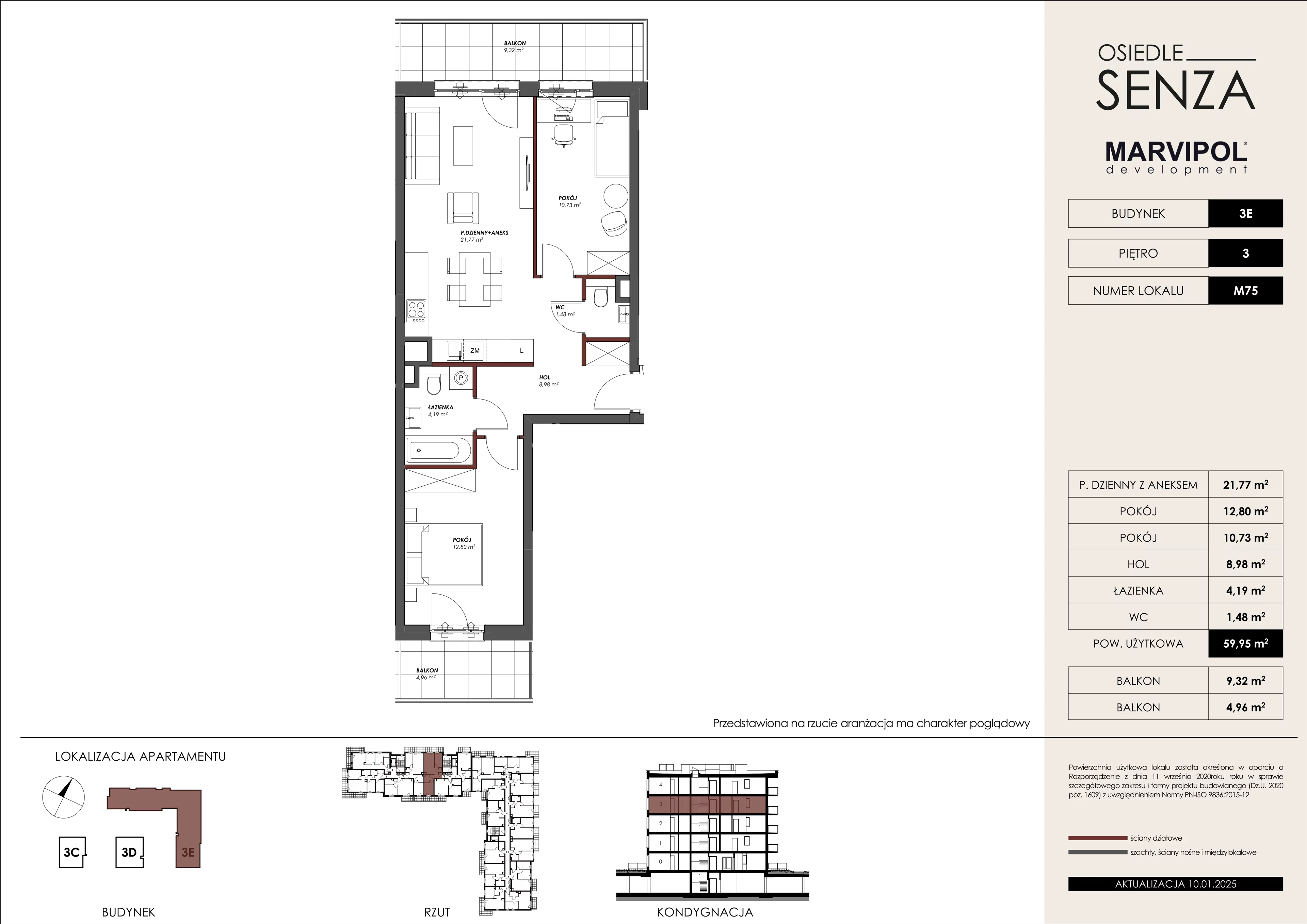 3 pokoje, mieszkanie 59,95 m², piętro 3, oferta nr 3E/M75, Osiedle Senza, Warszawa, Białołęka, Nowodwory, ul. Grzymalitów 3C, 3D, 3E