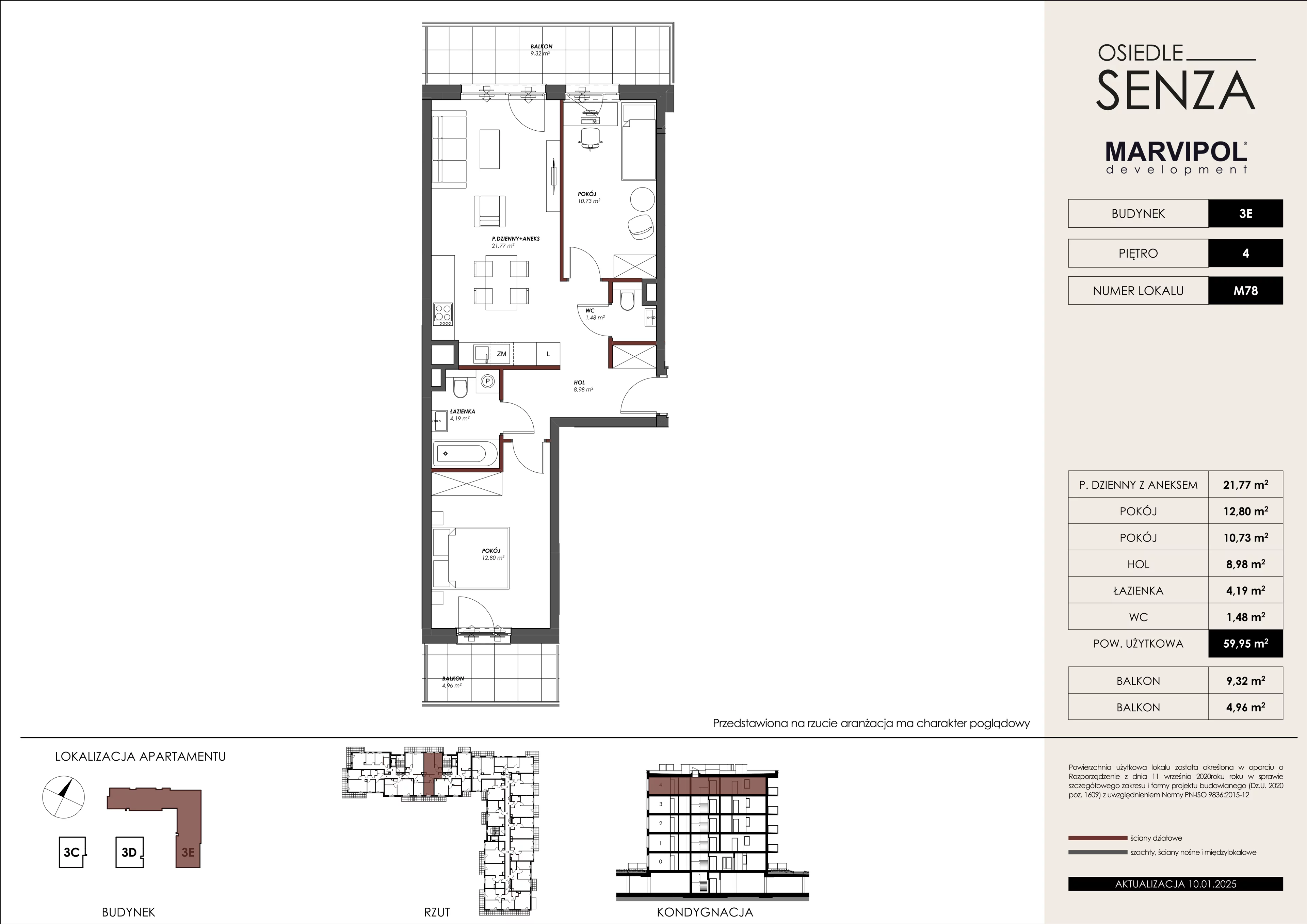 3 pokoje, mieszkanie 59,95 m², piętro 4, oferta nr 3E/M78, Osiedle Senza, Warszawa, Białołęka, Nowodwory, ul. Grzymalitów 3C, 3D, 3E