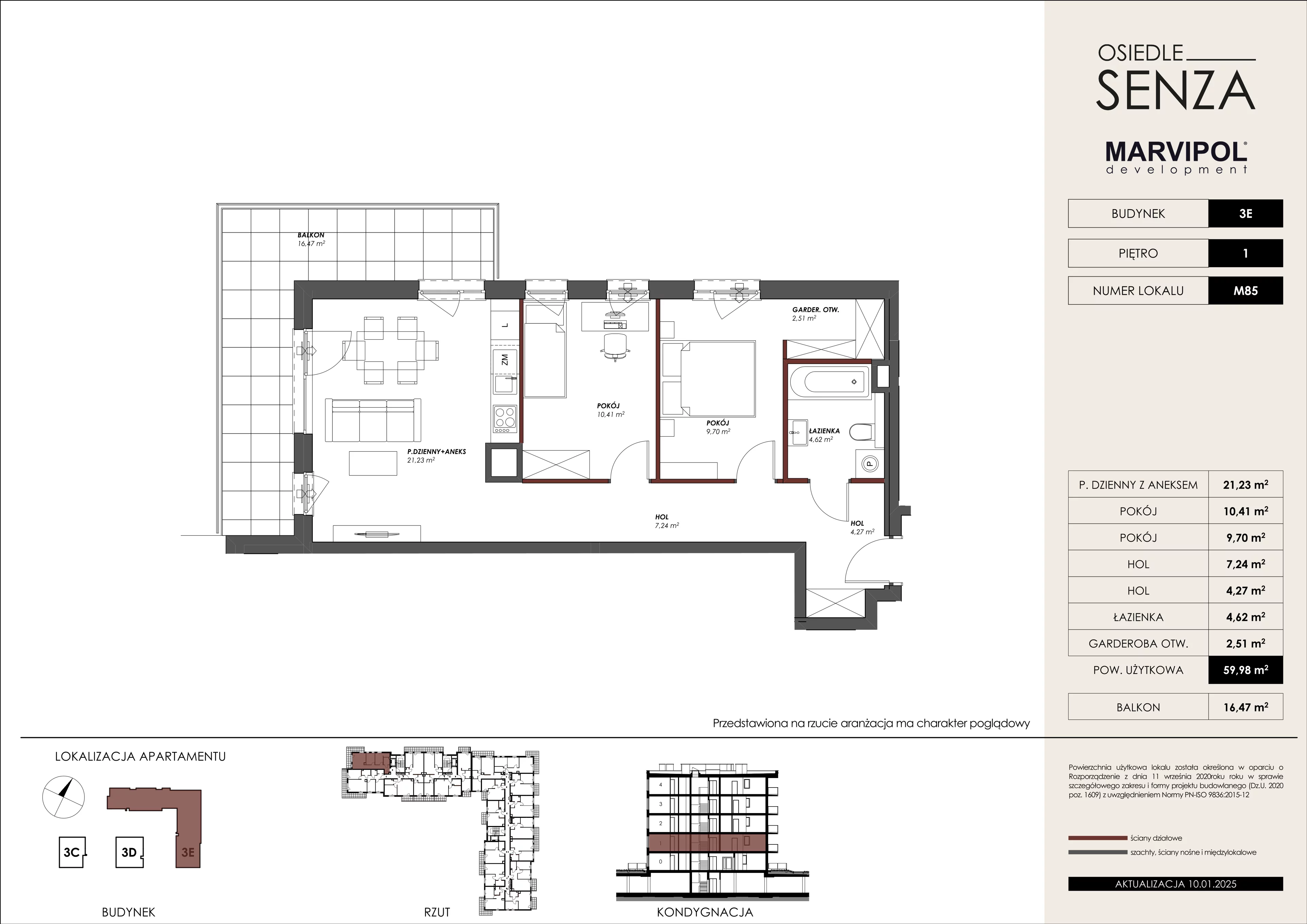 3 pokoje, mieszkanie 59,98 m², piętro 1, oferta nr 3E/M85, Osiedle Senza, Warszawa, Białołęka, Nowodwory, ul. Grzymalitów 3C, 3D, 3E