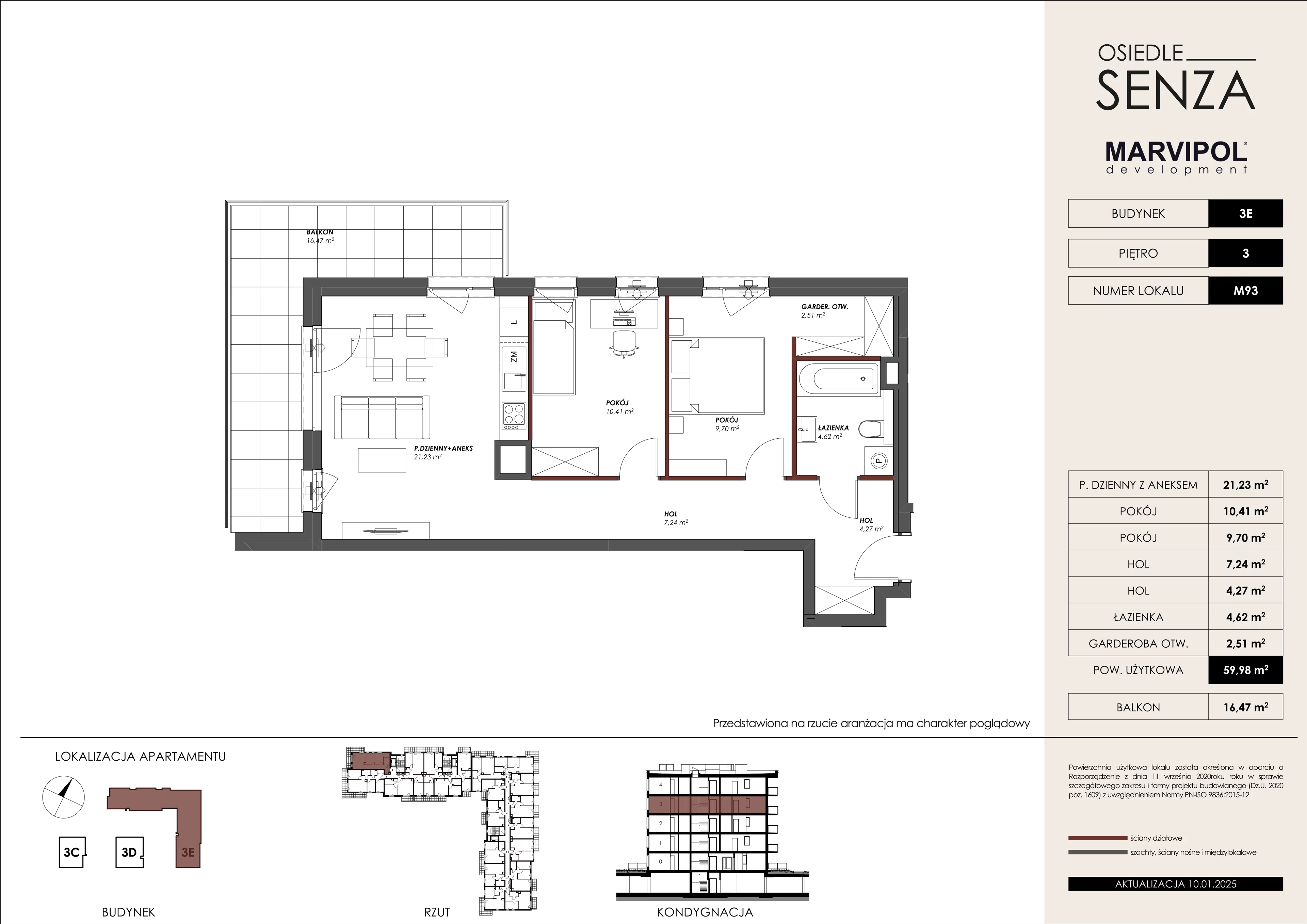 3 pokoje, mieszkanie 59,98 m², piętro 3, oferta nr 3E/M93, Osiedle Senza, Warszawa, Białołęka, Nowodwory, ul. Grzymalitów 3C, 3D, 3E