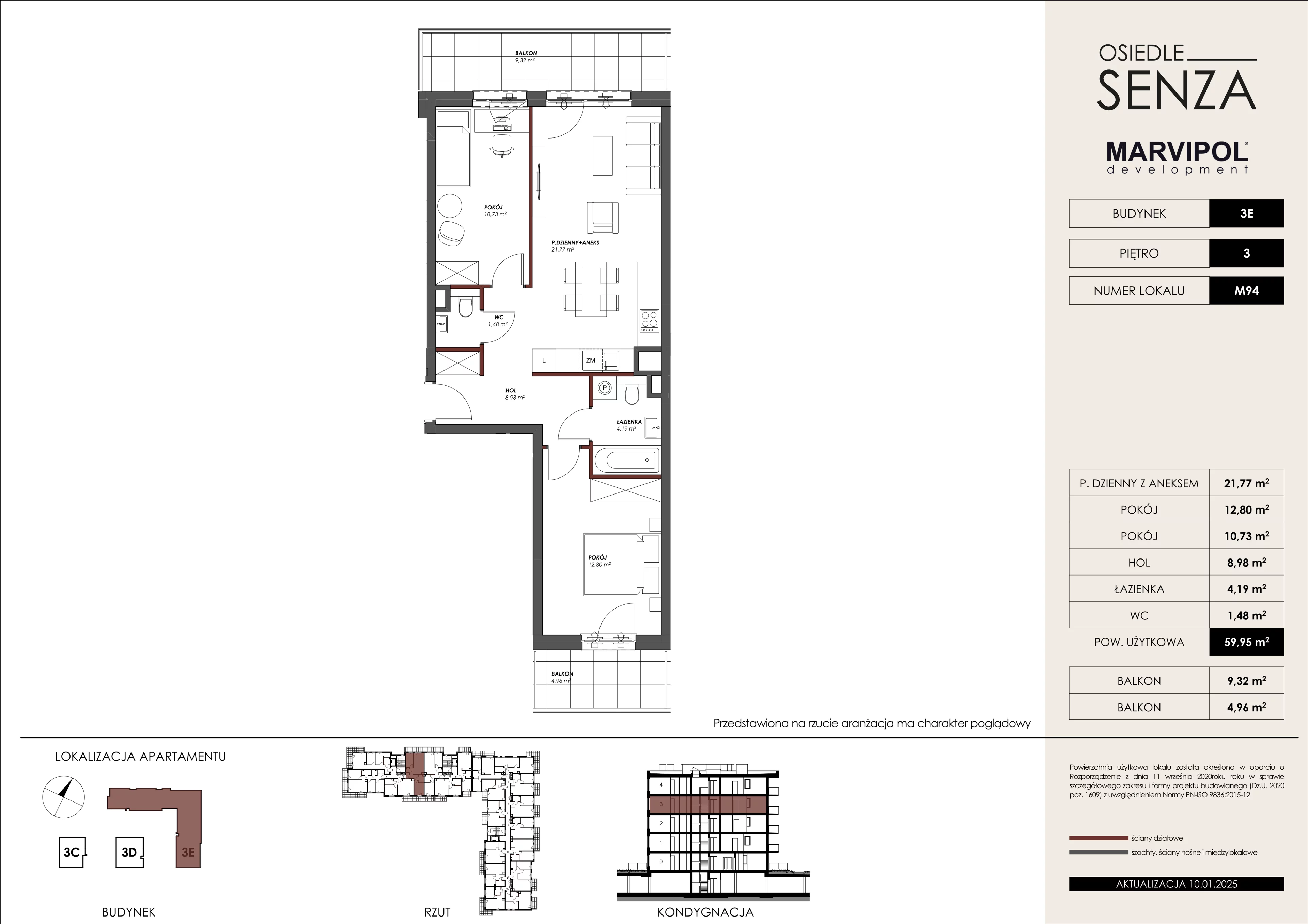 3 pokoje, mieszkanie 59,95 m², piętro 3, oferta nr 3E/M94, Osiedle Senza, Warszawa, Białołęka, Nowodwory, ul. Grzymalitów 3C, 3D, 3E