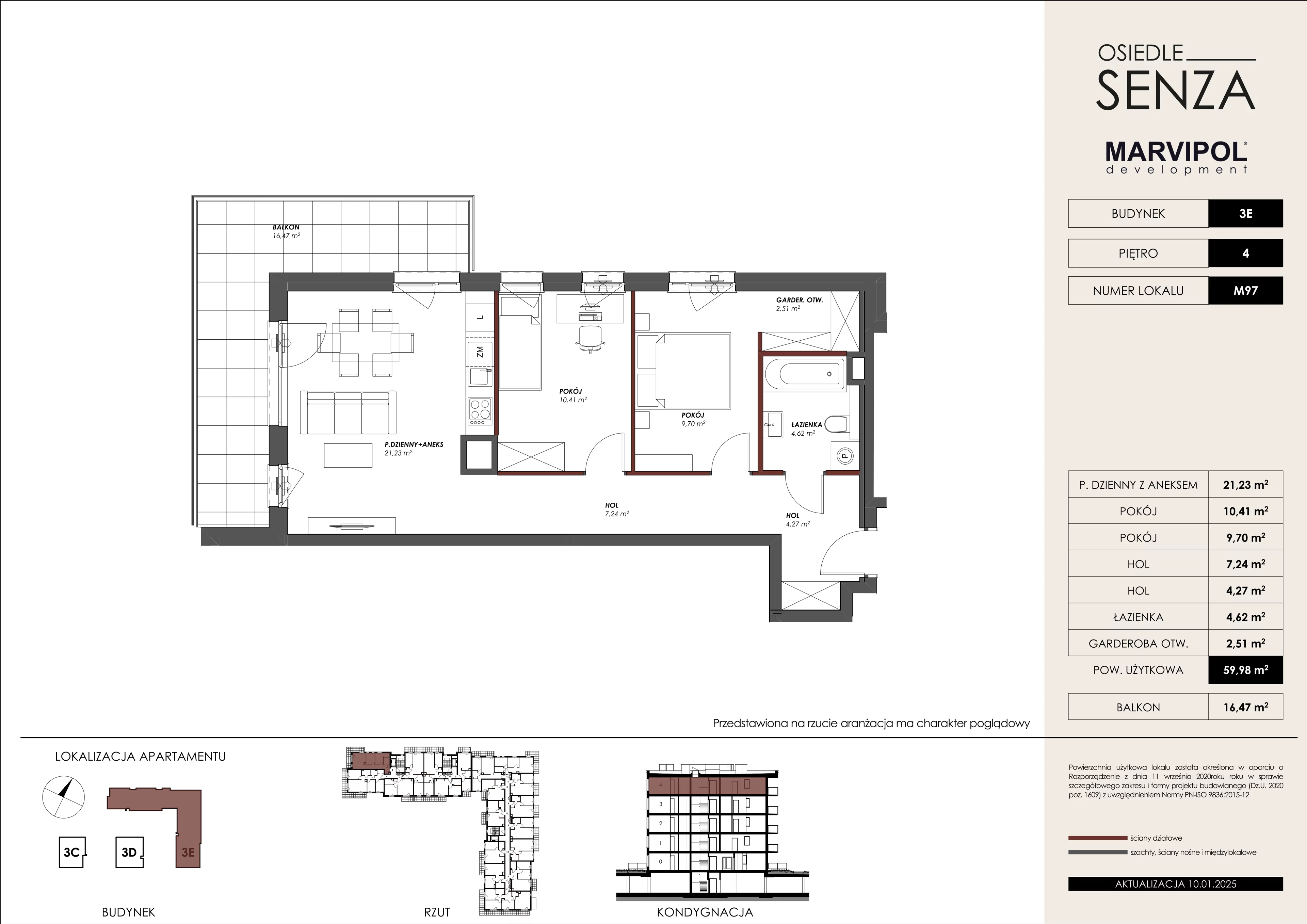 3 pokoje, mieszkanie 59,98 m², piętro 4, oferta nr 3E/M97, Osiedle Senza, Warszawa, Białołęka, Nowodwory, ul. Grzymalitów 3C, 3D, 3E