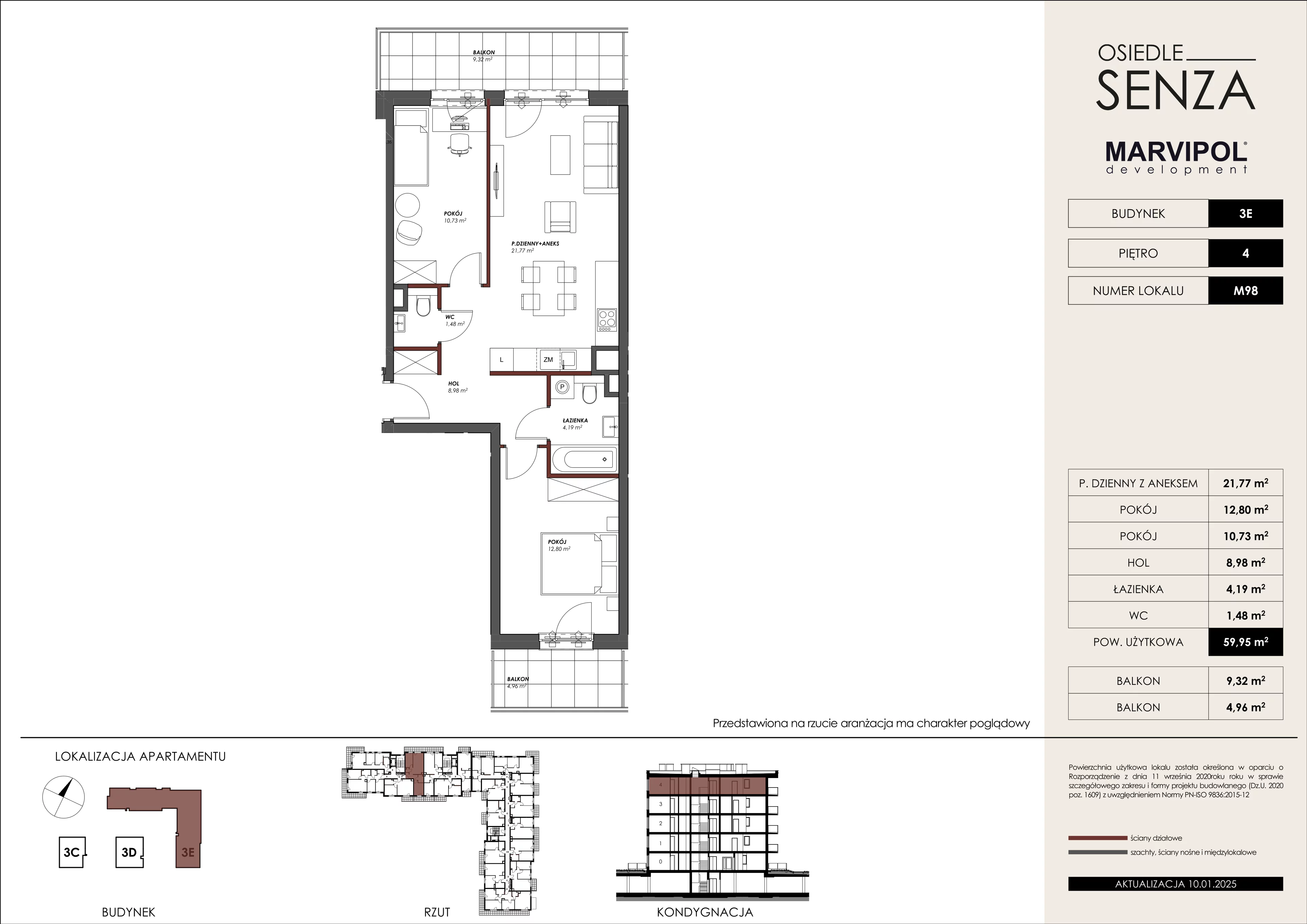 3 pokoje, mieszkanie 59,95 m², piętro 4, oferta nr 3E/M98, Osiedle Senza, Warszawa, Białołęka, Nowodwory, ul. Grzymalitów 3C, 3D, 3E