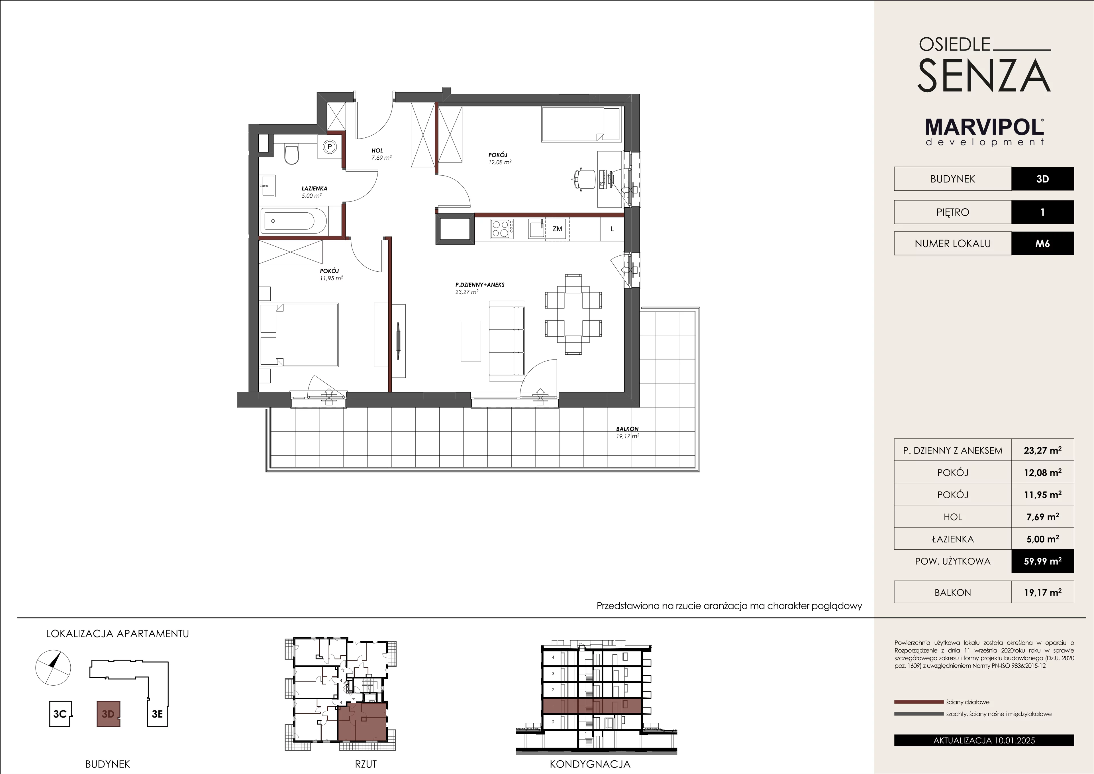 3 pokoje, mieszkanie 59,99 m², piętro 1, oferta nr 3D/M06, Osiedle Senza, Warszawa, Białołęka, Nowodwory, ul. Grzymalitów 3C, 3D, 3E