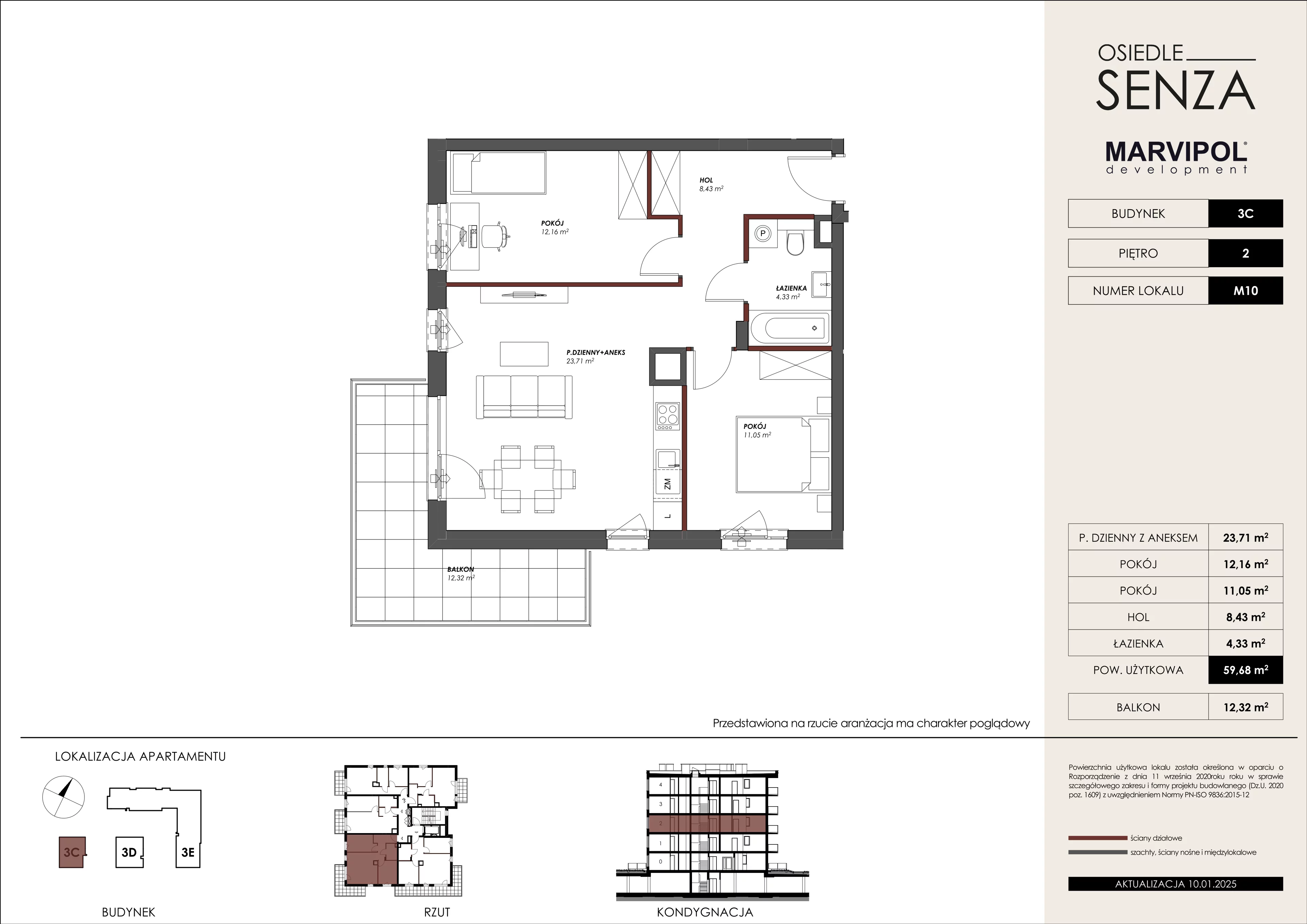 3 pokoje, mieszkanie 59,68 m², piętro 2, oferta nr 3C/M10, Osiedle Senza, Warszawa, Białołęka, Nowodwory, ul. Grzymalitów 3C, 3D, 3E