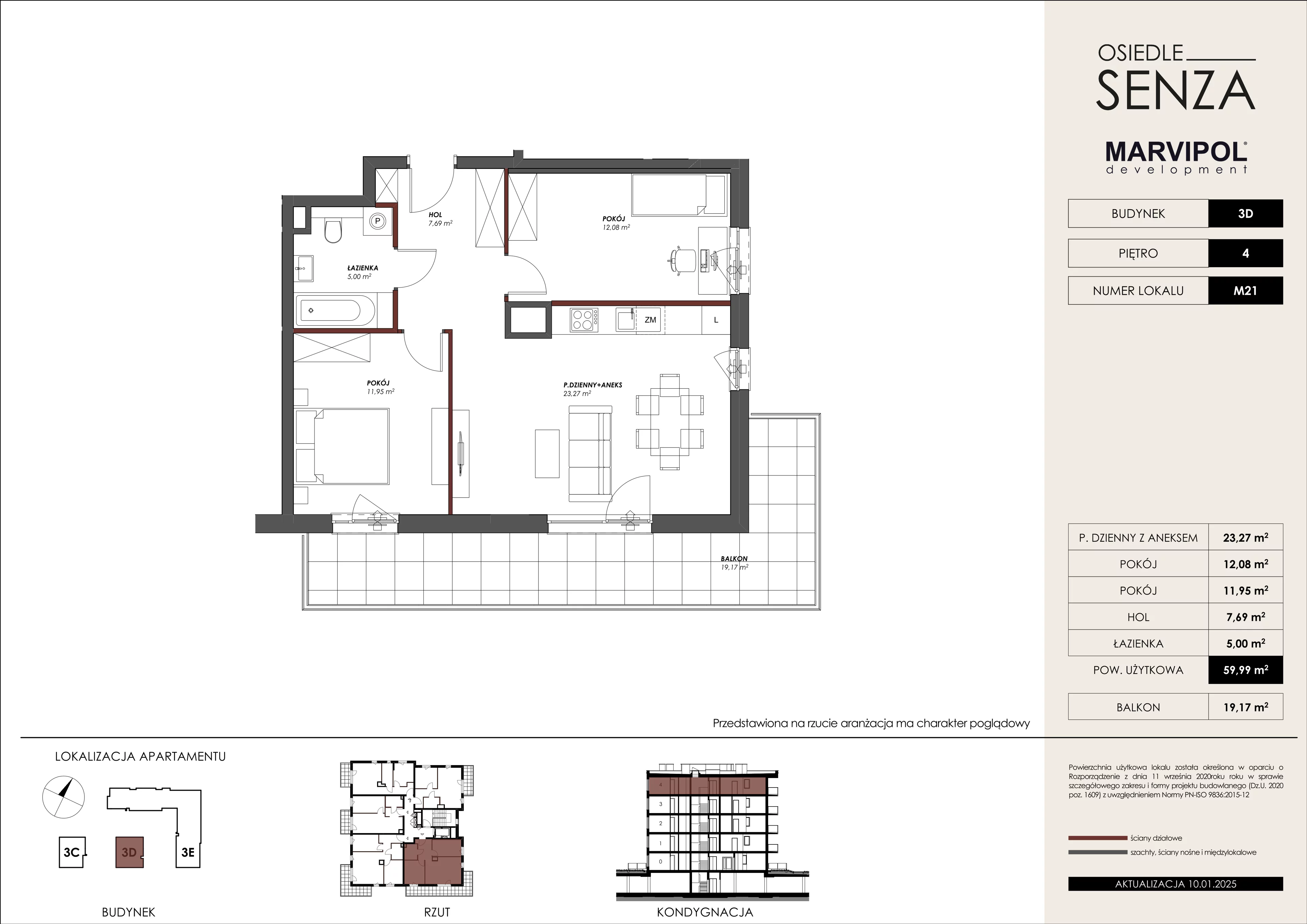 3 pokoje, mieszkanie 59,99 m², piętro 4, oferta nr 3D/M21, Osiedle Senza, Warszawa, Białołęka, Nowodwory, ul. Grzymalitów 3C, 3D, 3E