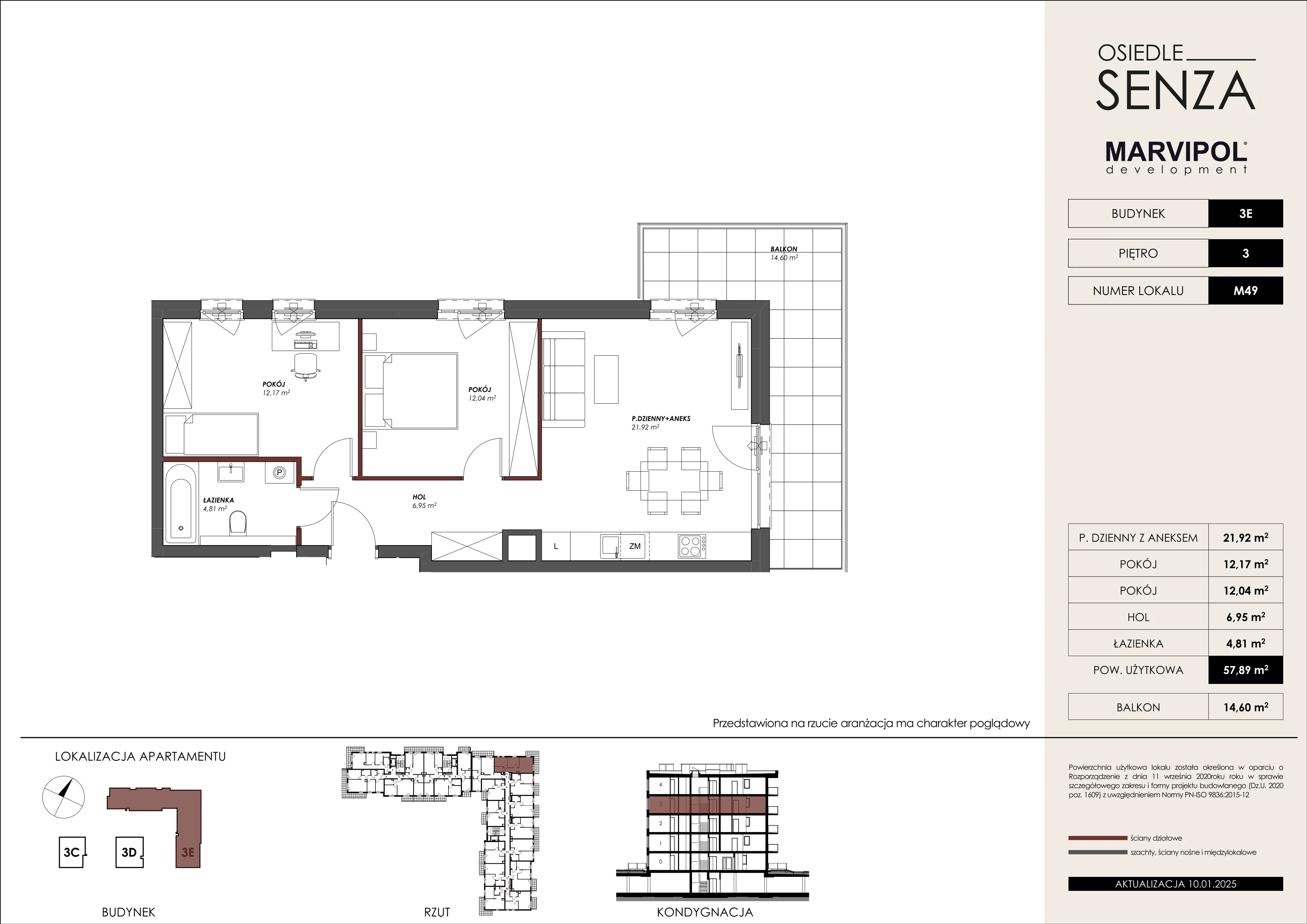3 pokoje, mieszkanie 57,89 m², piętro 3, oferta nr 3E/M49, Osiedle Senza, Warszawa, Białołęka, Nowodwory, ul. Grzymalitów 3C, 3D, 3E