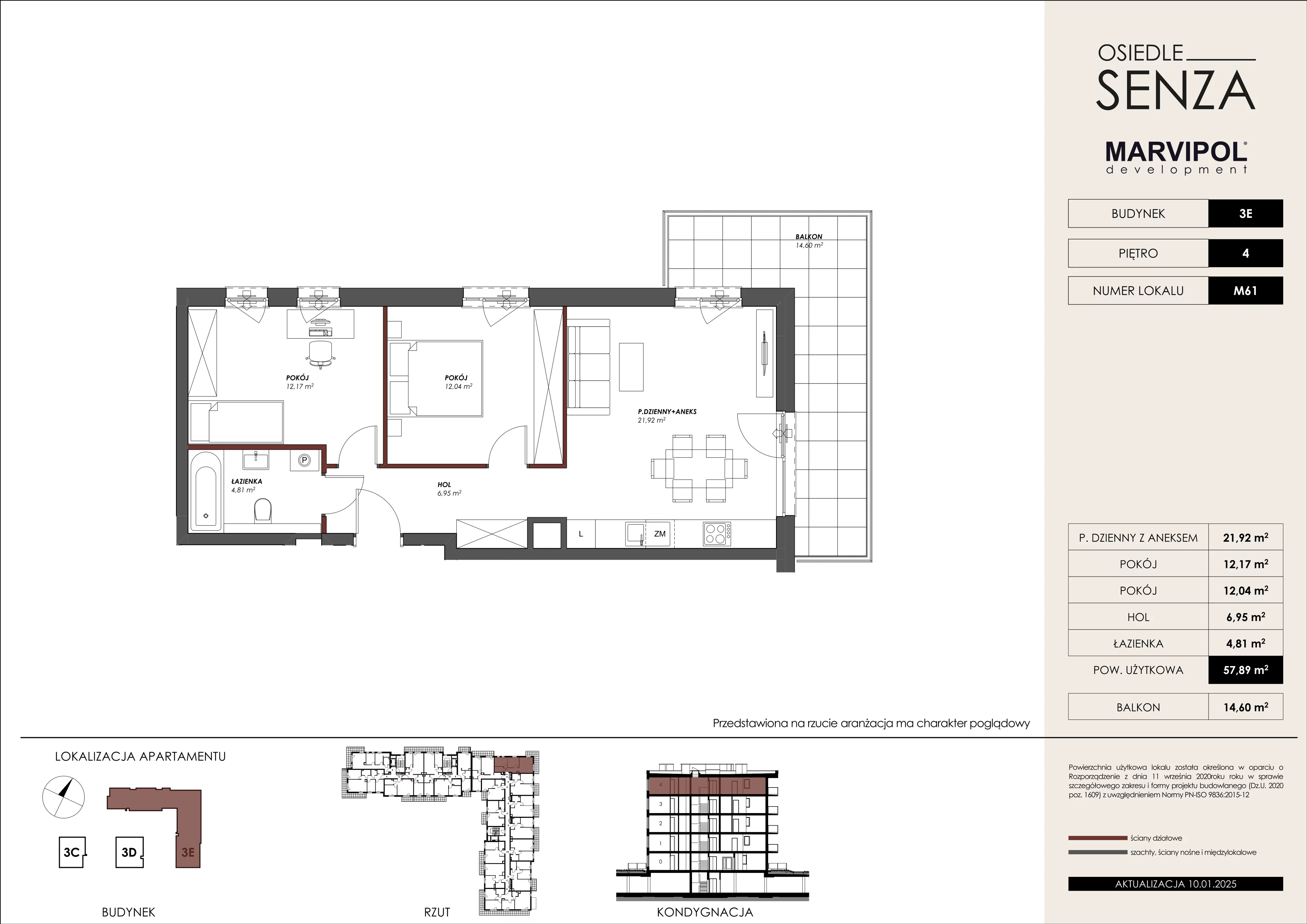 3 pokoje, mieszkanie 57,89 m², piętro 4, oferta nr 3E/M61, Osiedle Senza, Warszawa, Białołęka, Nowodwory, ul. Grzymalitów 3C, 3D, 3E