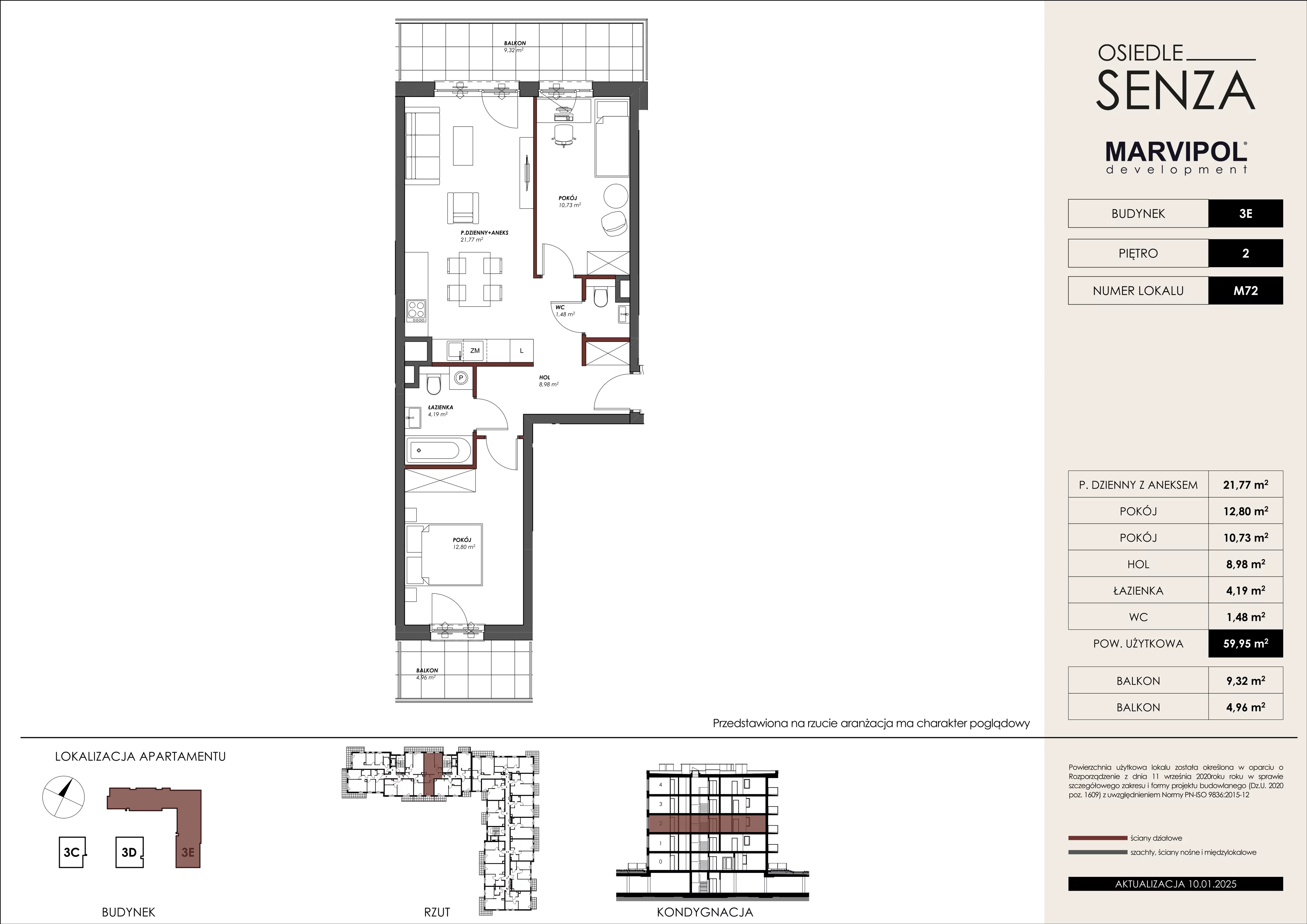3 pokoje, mieszkanie 59,95 m², piętro 2, oferta nr 3E/M72, Osiedle Senza, Warszawa, Białołęka, Nowodwory, ul. Grzymalitów 3C, 3D, 3E