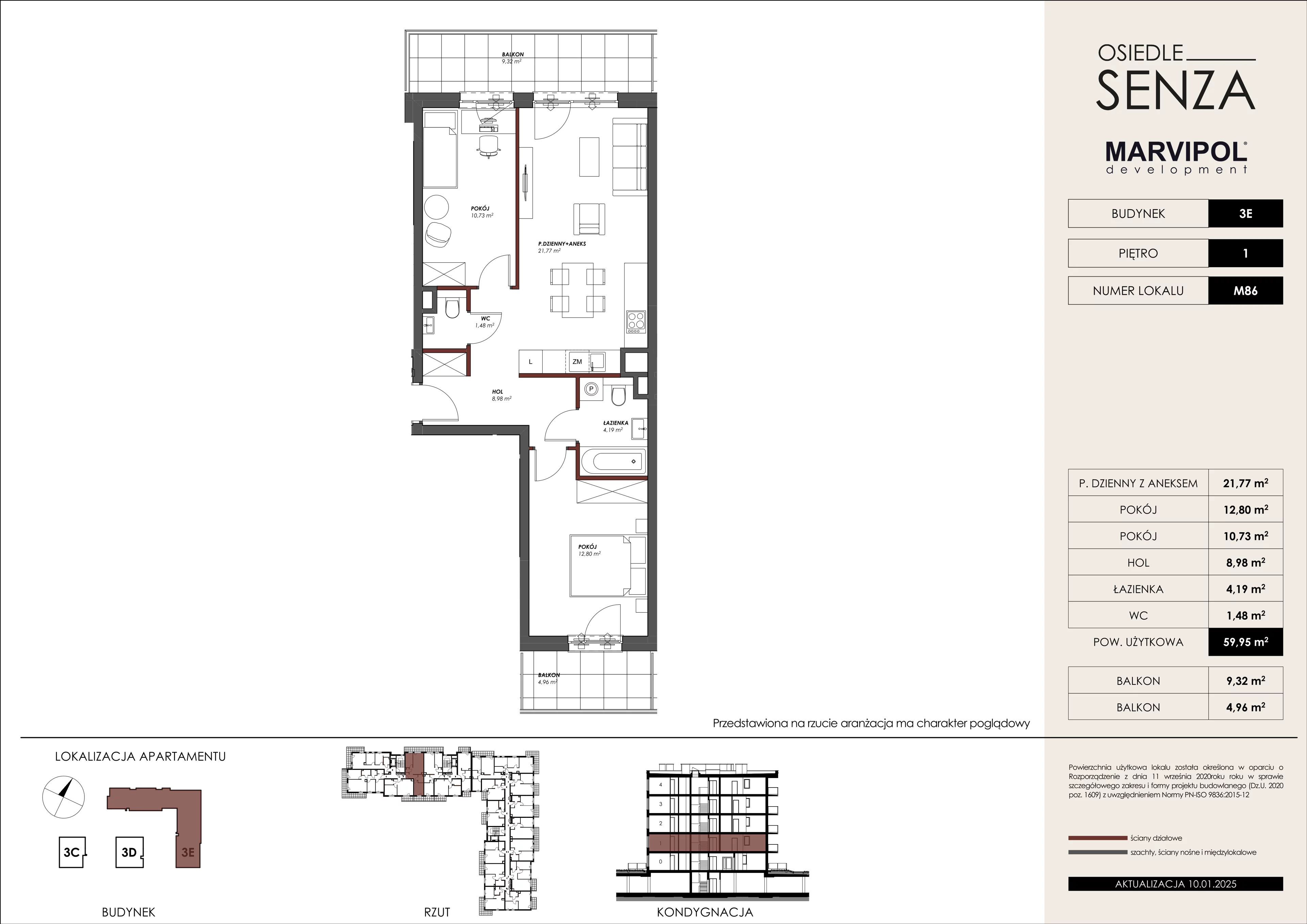 3 pokoje, mieszkanie 59,95 m², piętro 1, oferta nr 3E/M86, Osiedle Senza, Warszawa, Białołęka, Nowodwory, ul. Grzymalitów 3C, 3D, 3E