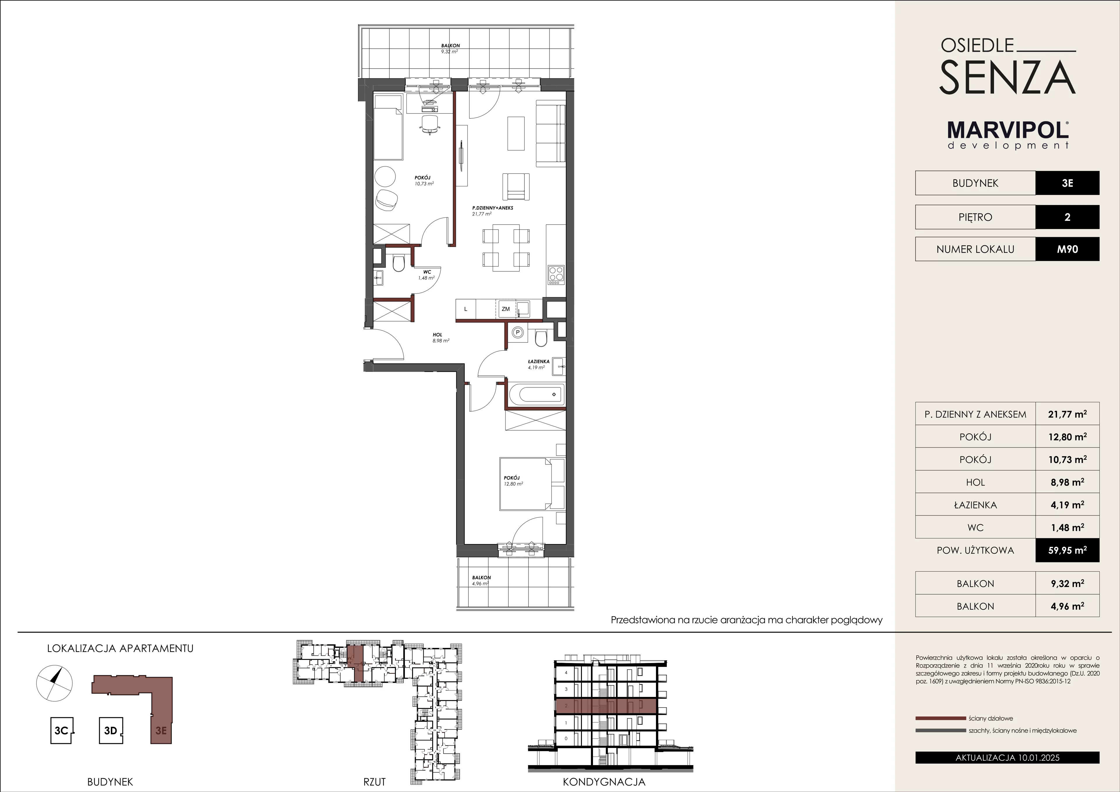 3 pokoje, mieszkanie 59,95 m², piętro 2, oferta nr 3E/M90, Osiedle Senza, Warszawa, Białołęka, Nowodwory, ul. Grzymalitów 3C, 3D, 3E