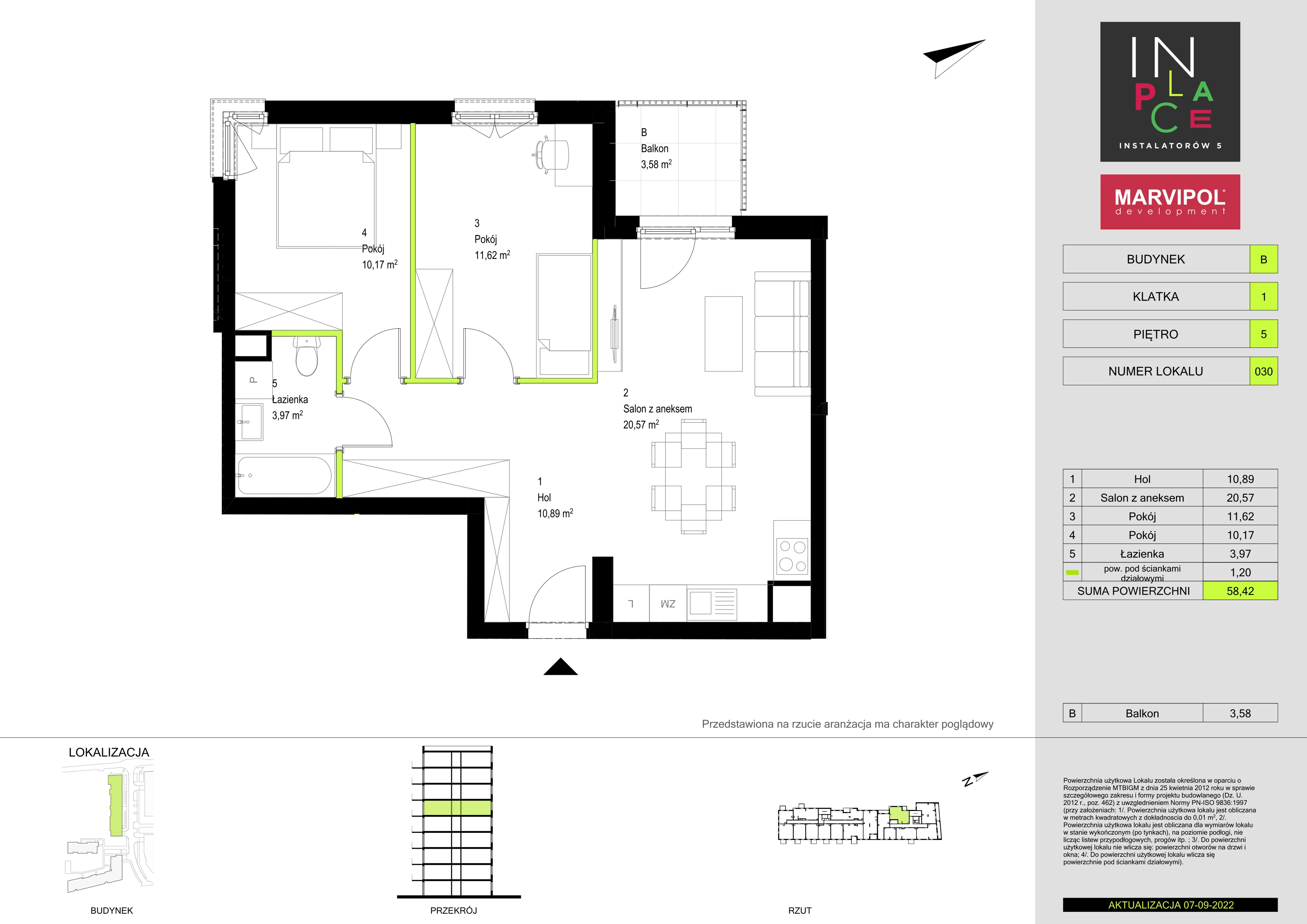 3 pokoje, mieszkanie 58,42 m², piętro 5, oferta nr 2/B/B030, In Place, Warszawa, Włochy, Raków, ul. Instalatorów 7 