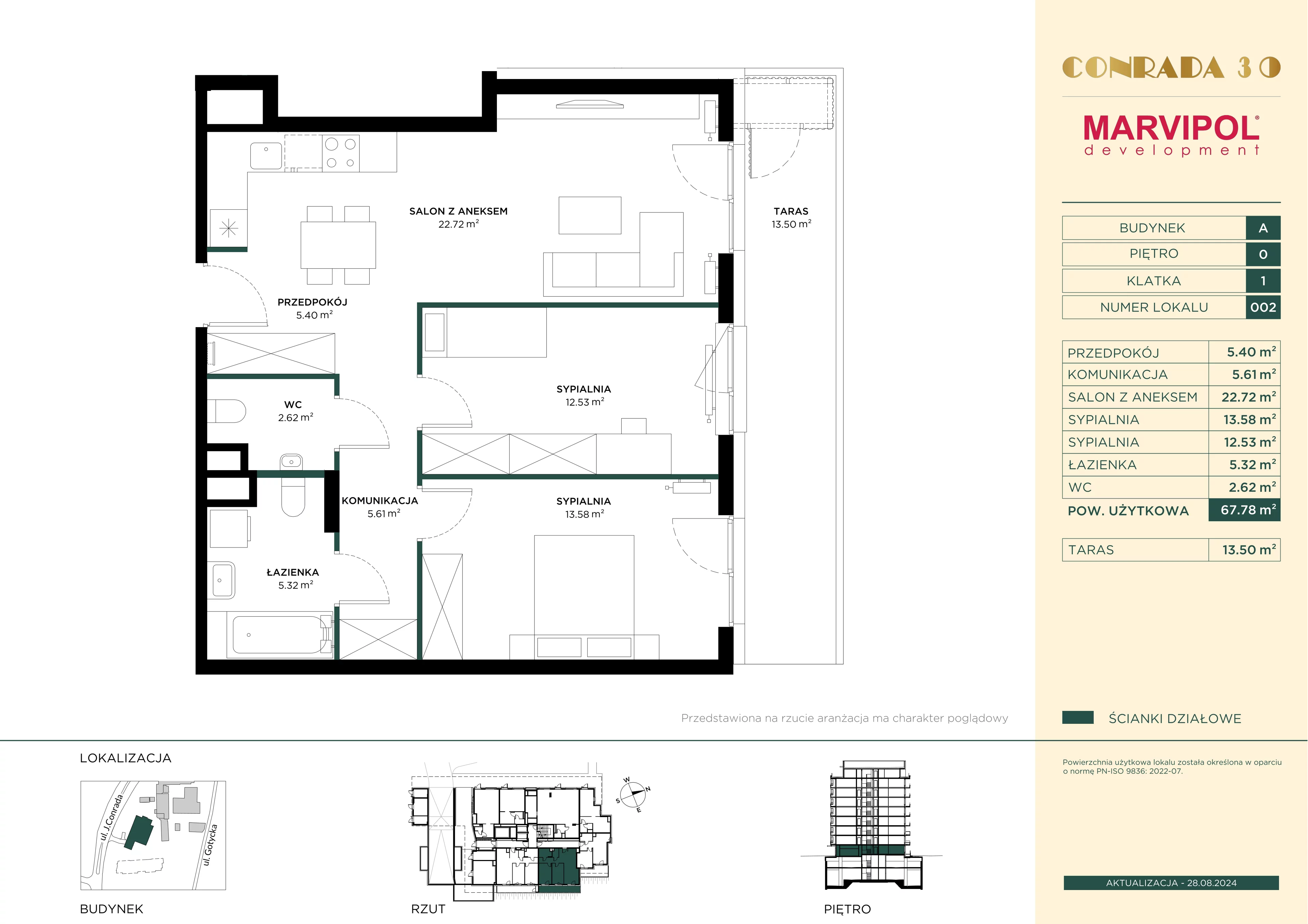 3 pokoje, mieszkanie 67,78 m², parter, oferta nr 1/A002, Conrada 30, Warszawa, Bielany, Chomiczówka, ul. Josepha Conrada 30