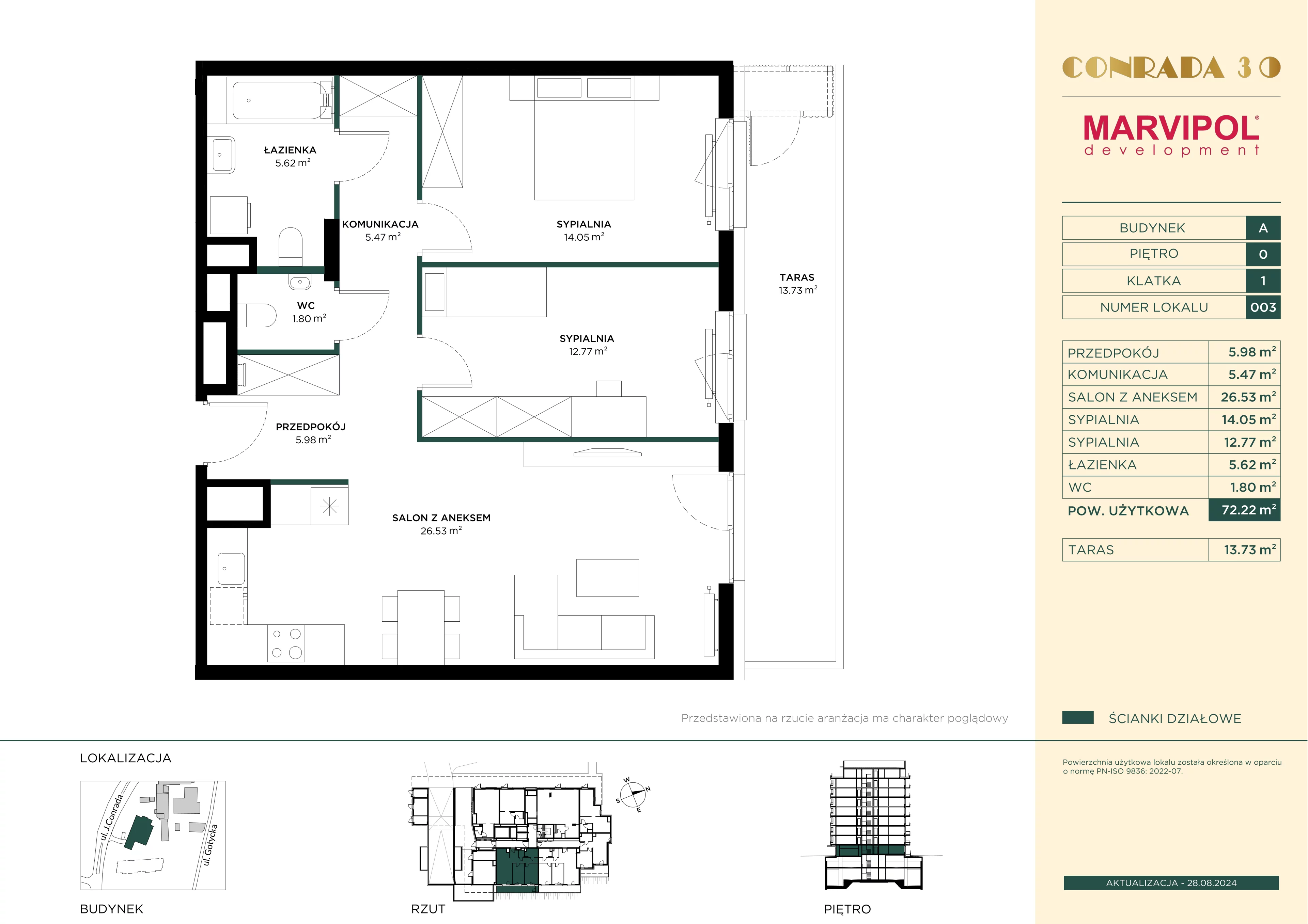 3 pokoje, mieszkanie 72,22 m², parter, oferta nr 1/A003, Conrada 30, Warszawa, Bielany, Chomiczówka, ul. Josepha Conrada 30