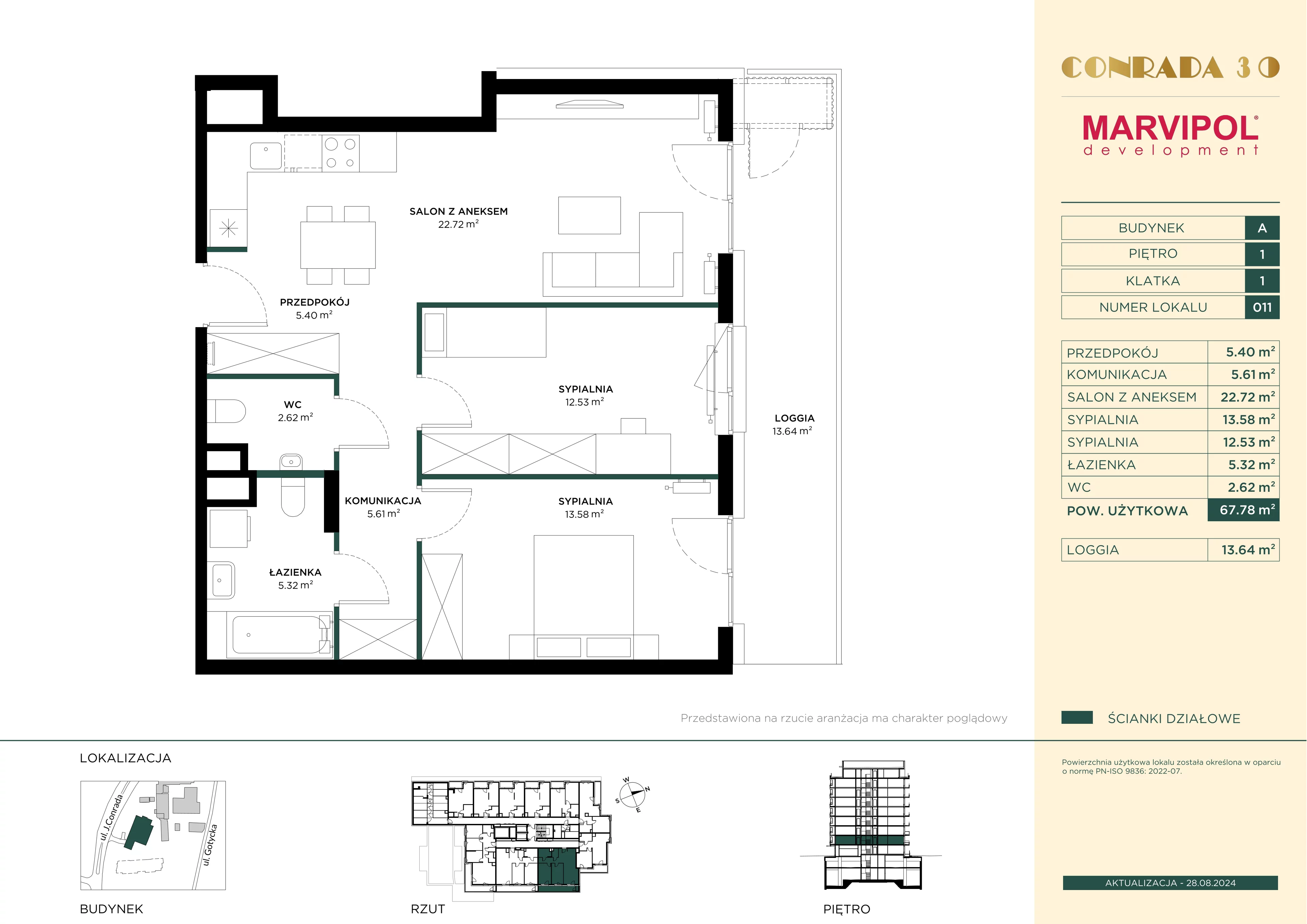 3 pokoje, mieszkanie 67,78 m², piętro 1, oferta nr 1/A011, Conrada 30, Warszawa, Bielany, Chomiczówka, ul. Josepha Conrada 30