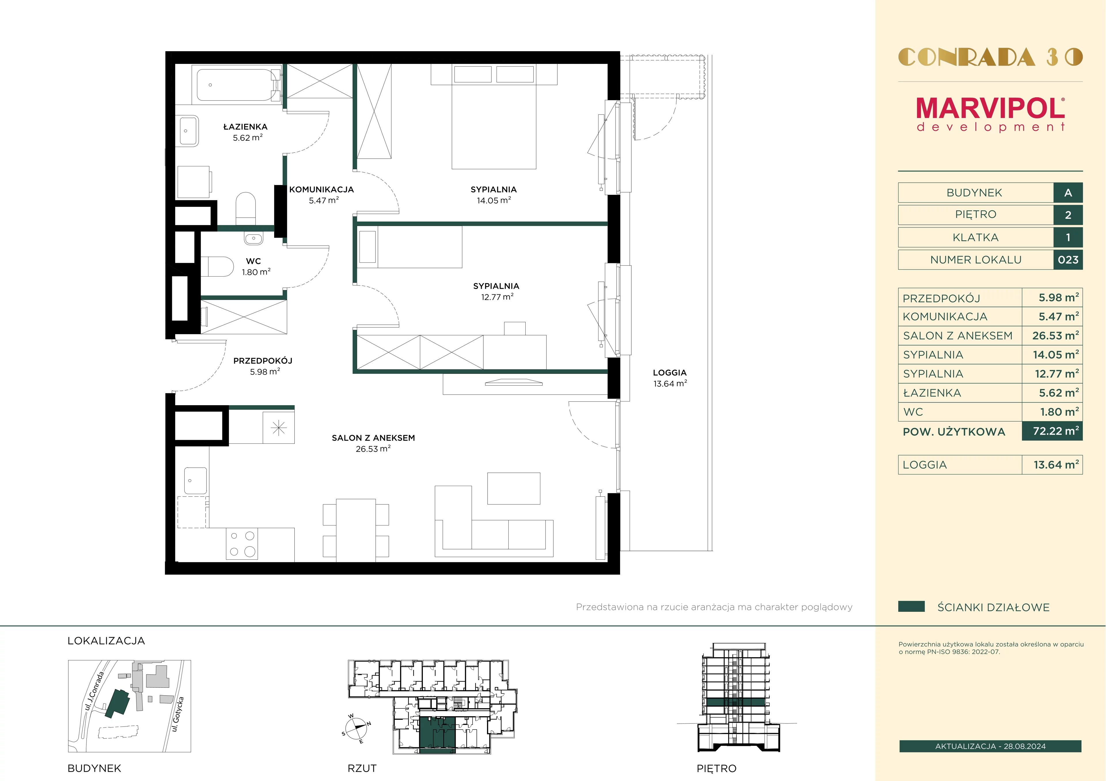 3 pokoje, mieszkanie 72,22 m², piętro 2, oferta nr 1/A023, Conrada 30, Warszawa, Bielany, Chomiczówka, ul. Josepha Conrada 30