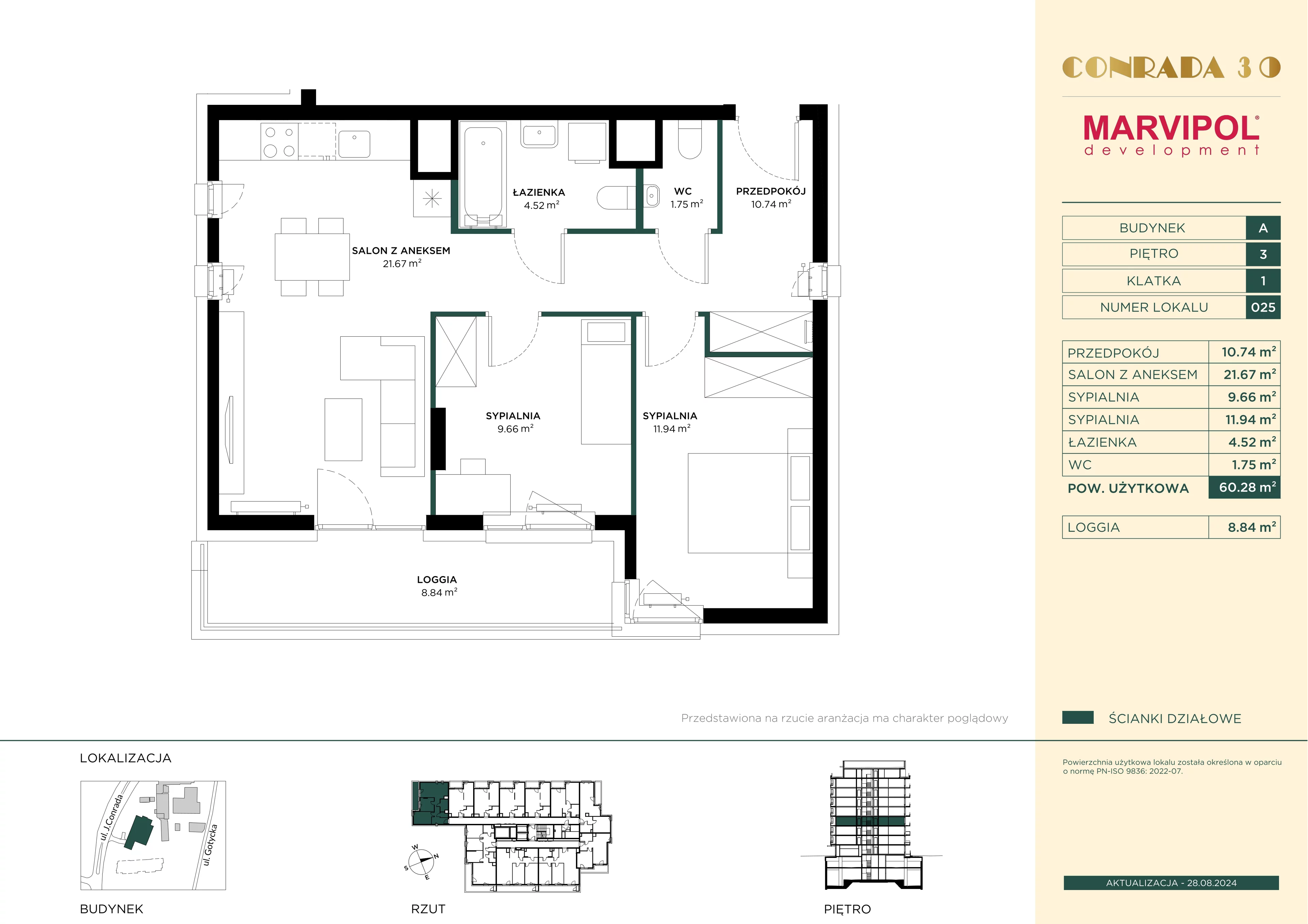 3 pokoje, mieszkanie 60,28 m², piętro 3, oferta nr 1/A025, Conrada 30, Warszawa, Bielany, Chomiczówka, ul. Josepha Conrada 30