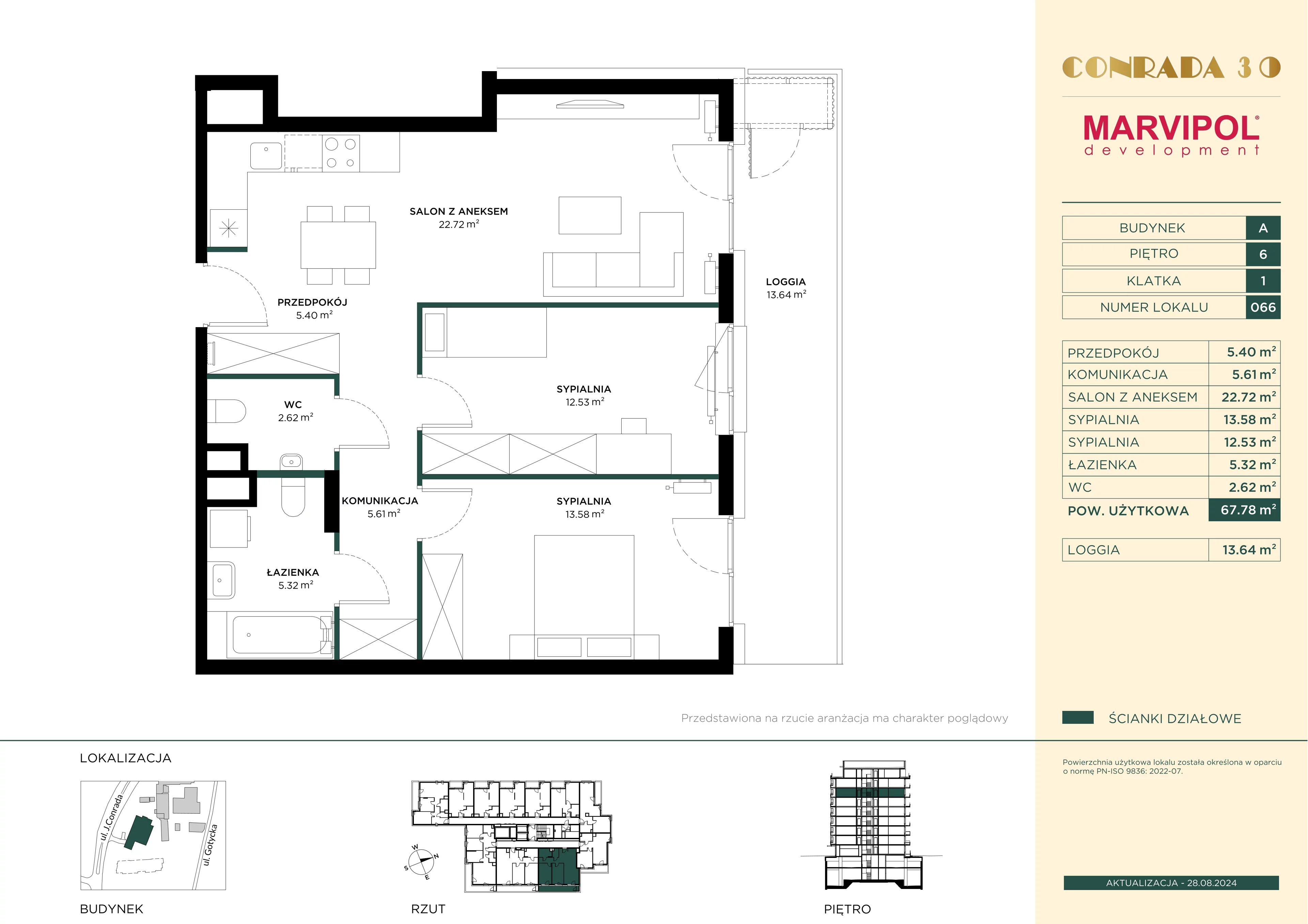 3 pokoje, mieszkanie 67,78 m², piętro 6, oferta nr 1/A066, Conrada 30, Warszawa, Bielany, Chomiczówka, ul. Josepha Conrada 30
