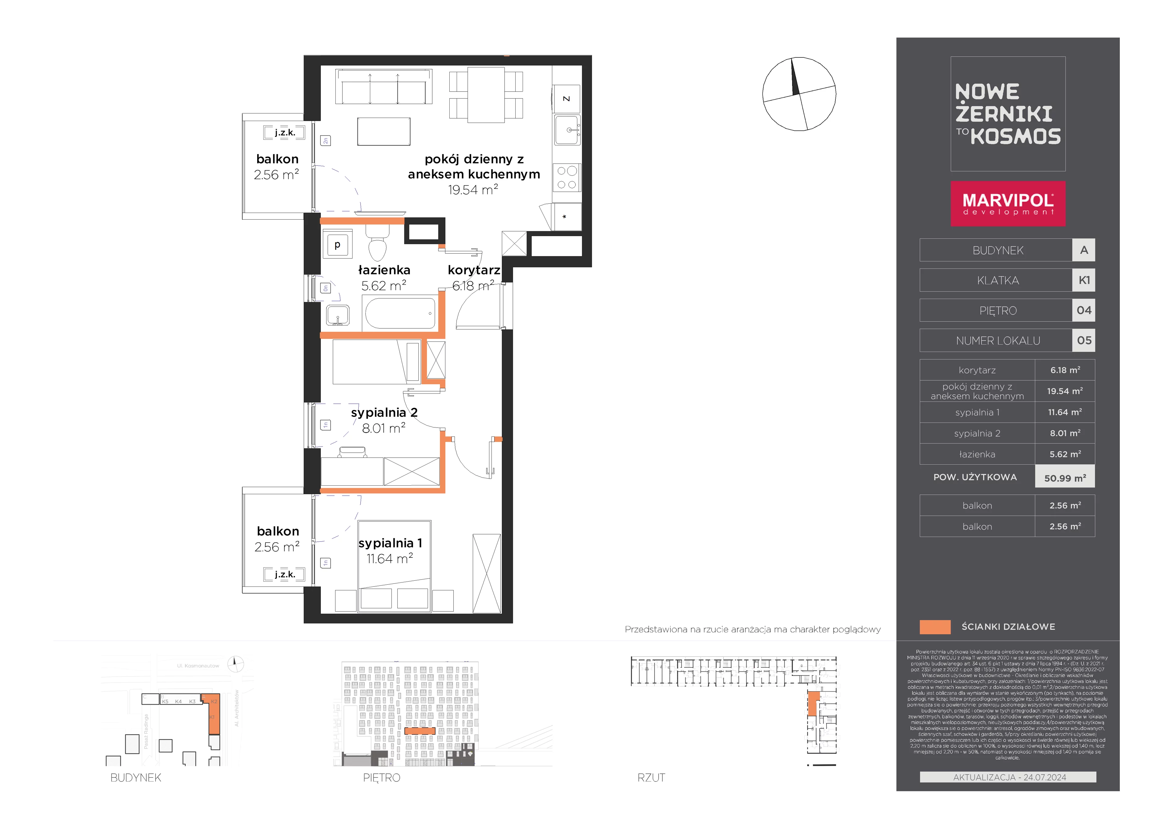 3 pokoje, mieszkanie 50,99 m², piętro 4, oferta nr A/A-04-05-K1, Nowe Żerniki to KOSMOS, Wrocław, Żerniki, ul. Kosmonautów / al. Architektów