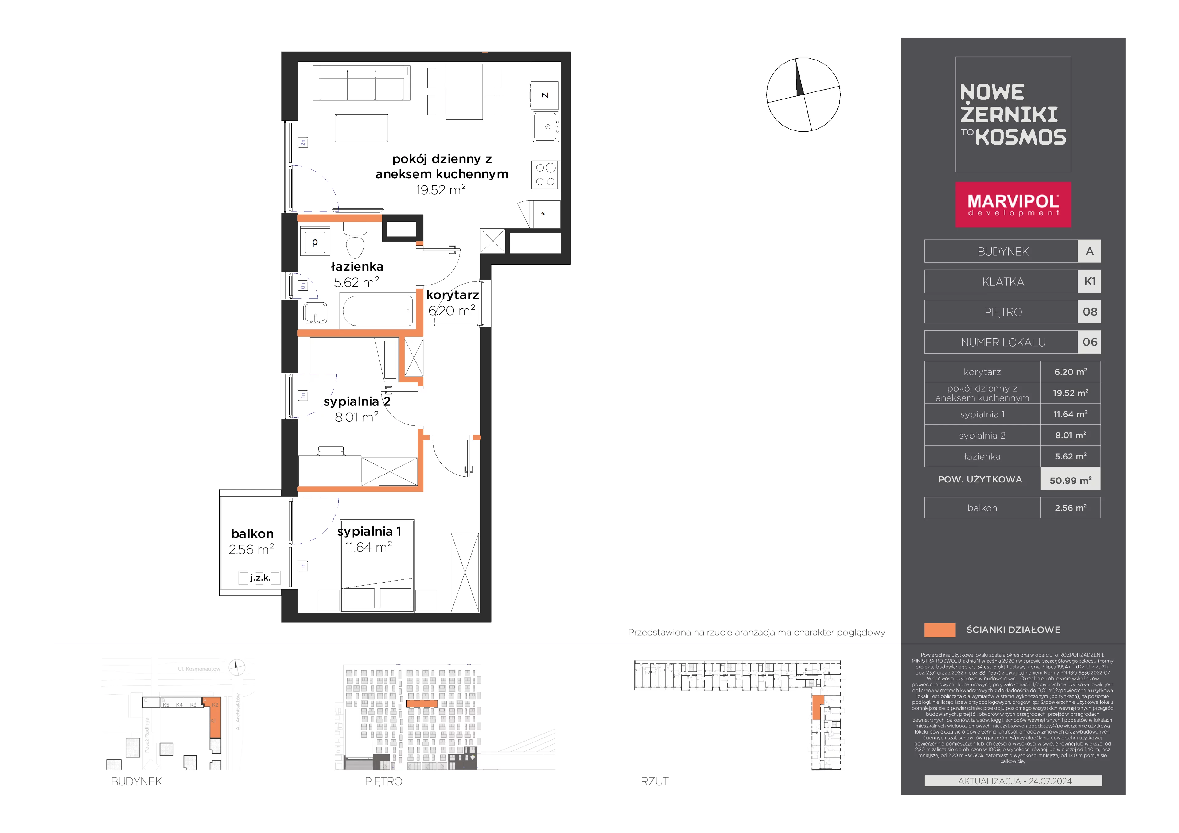 3 pokoje, mieszkanie 50,99 m², piętro 8, oferta nr A/A-08-06-K1, Nowe Żerniki to KOSMOS, Wrocław, Żerniki, ul. Kosmonautów / al. Architektów