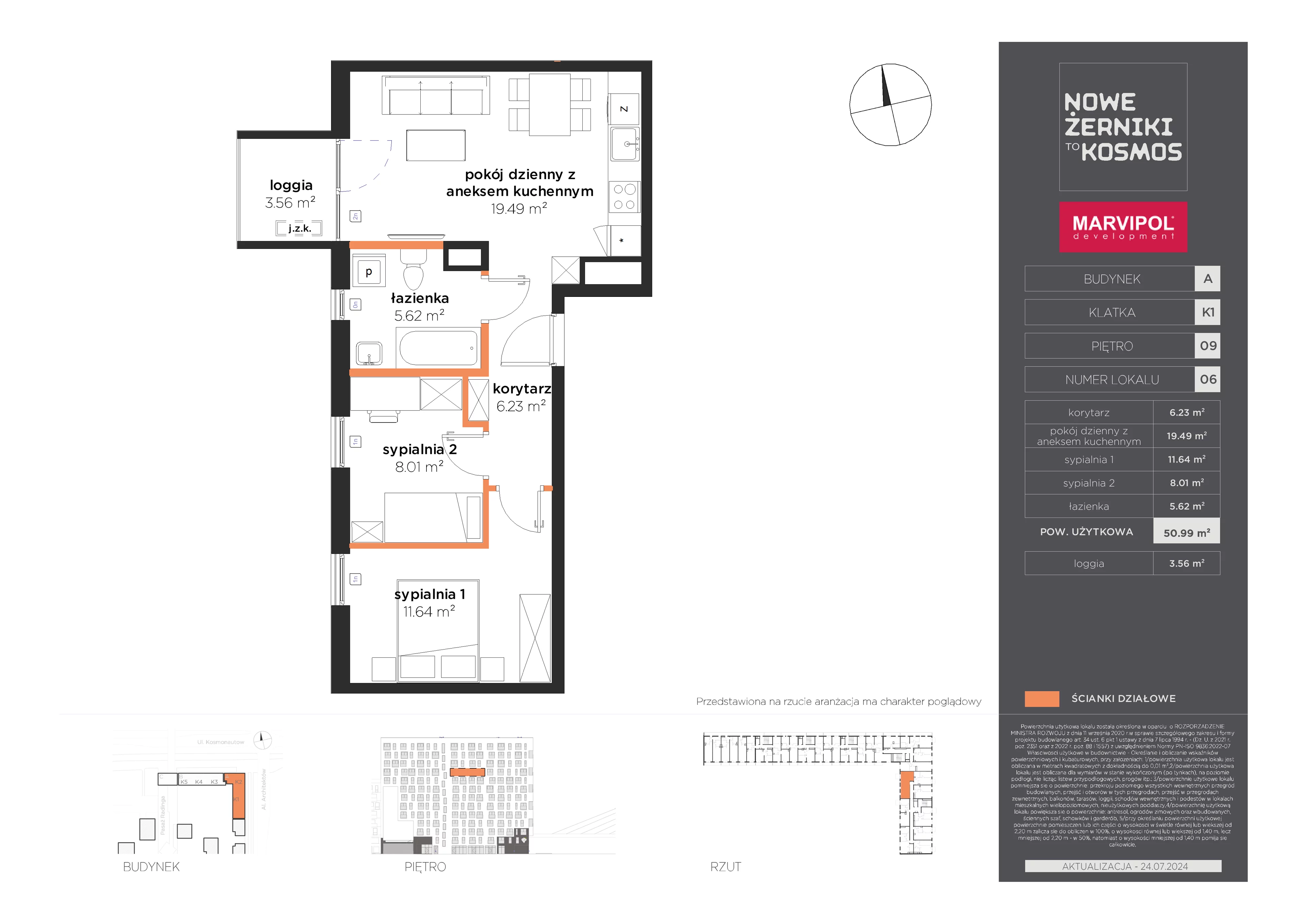 3 pokoje, mieszkanie 50,99 m², piętro 9, oferta nr A/A-09-06-K1, Nowe Żerniki to KOSMOS, Wrocław, Żerniki, ul. Kosmonautów / al. Architektów