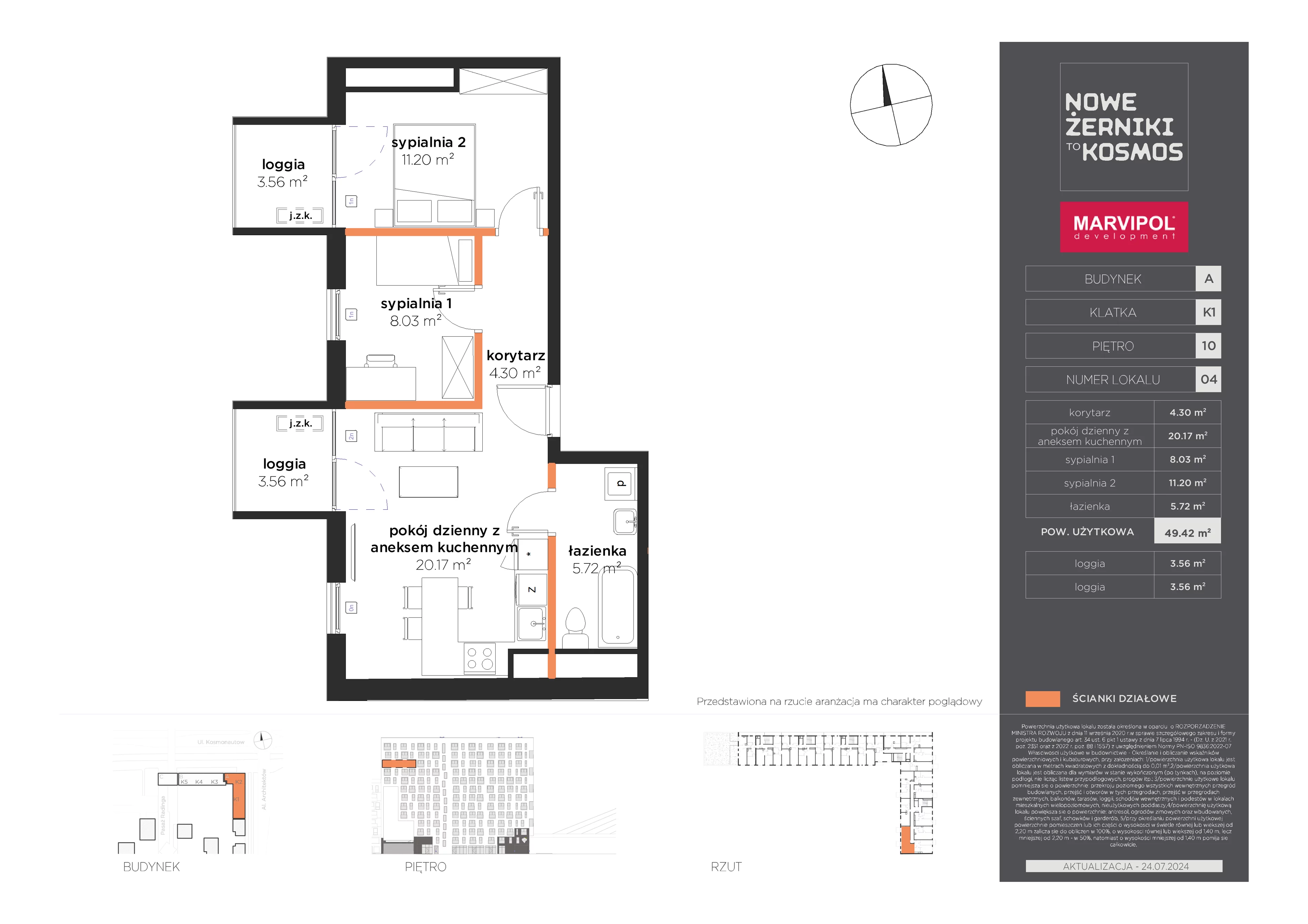 3 pokoje, mieszkanie 49,42 m², piętro 10, oferta nr A/A-10-04-K1, Nowe Żerniki to KOSMOS, Wrocław, Żerniki, ul. Kosmonautów / al. Architektów