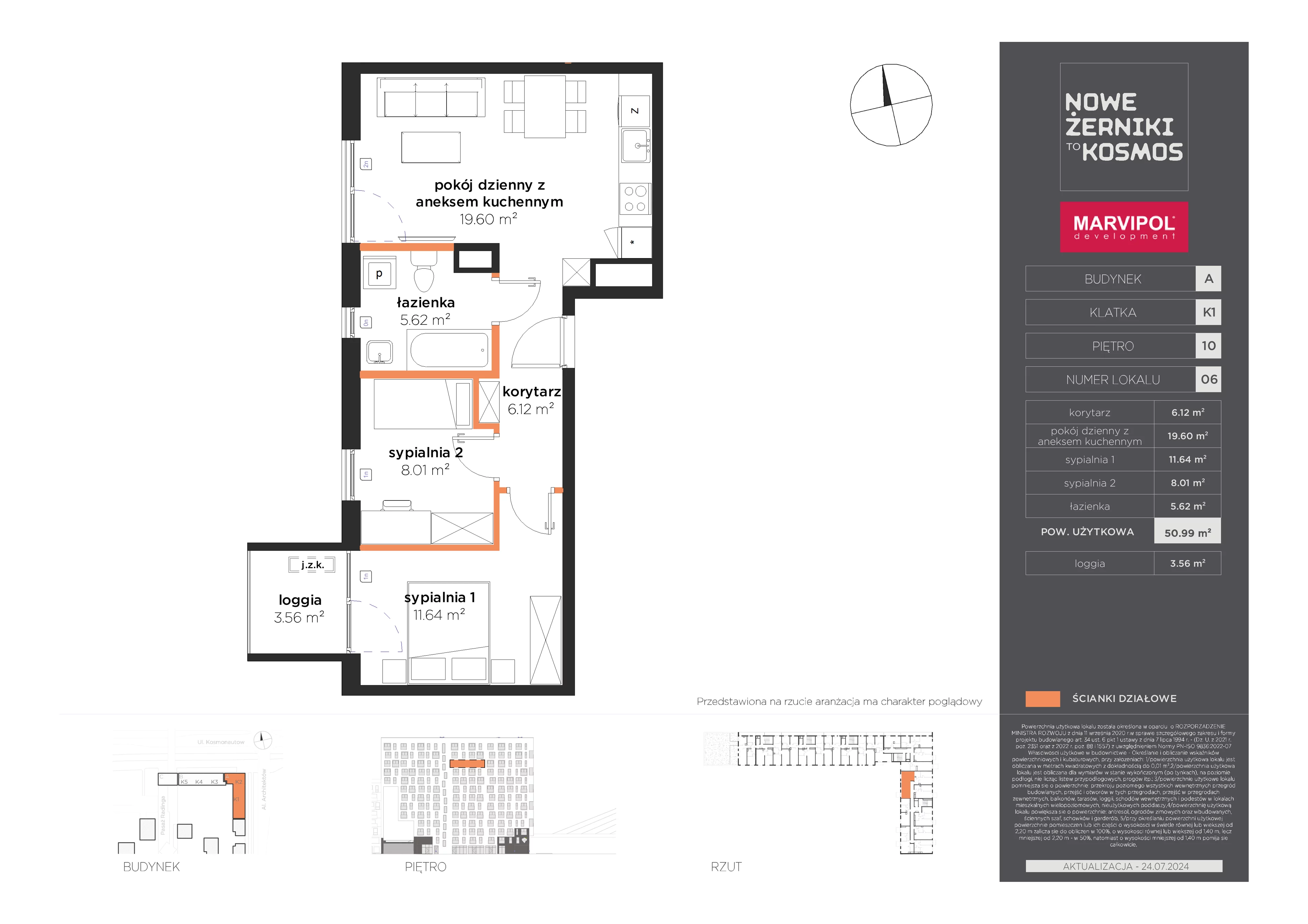 3 pokoje, mieszkanie 50,99 m², piętro 10, oferta nr A/A-10-06-K1, Nowe Żerniki to KOSMOS, Wrocław, Żerniki, ul. Kosmonautów / al. Architektów