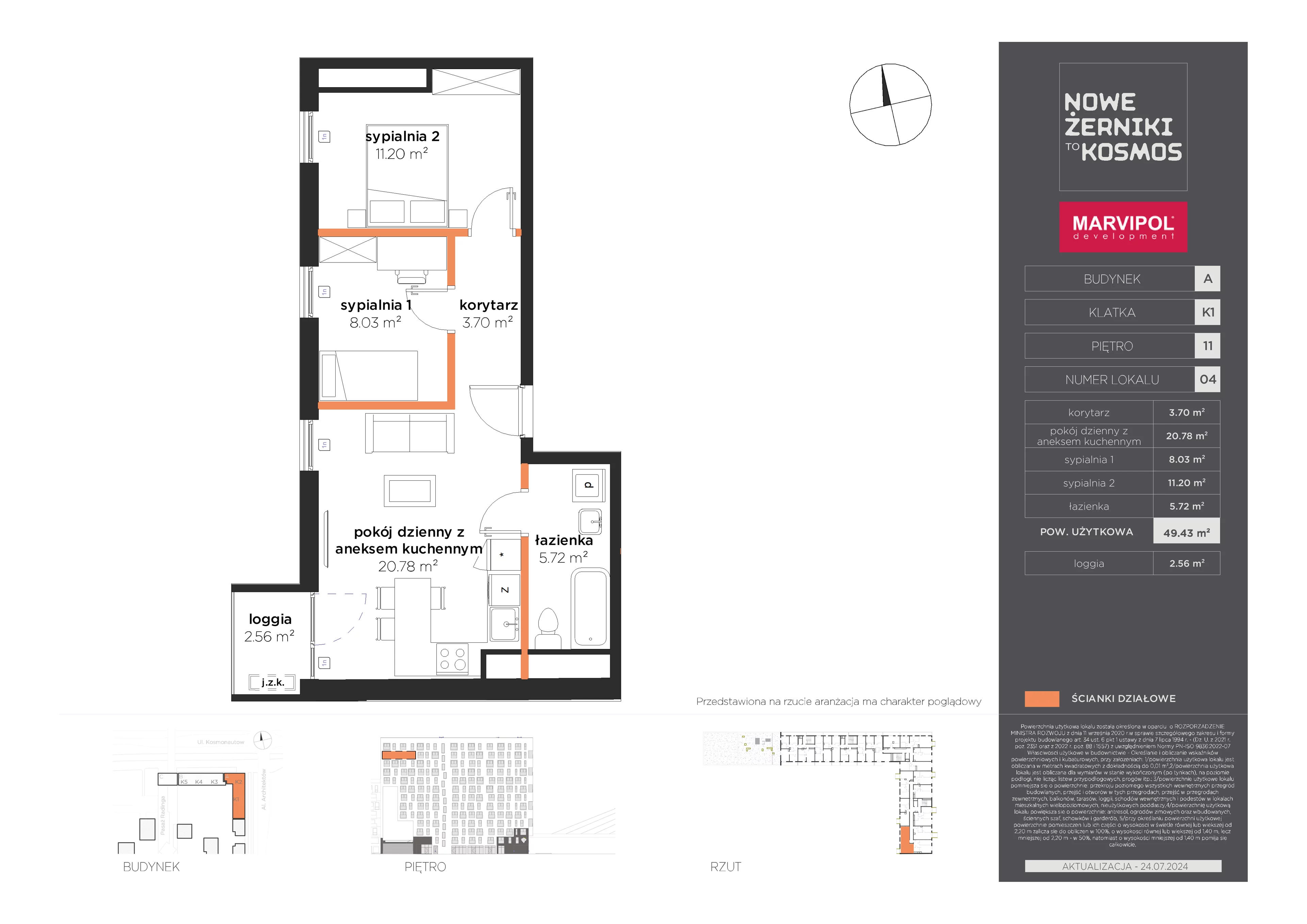 3 pokoje, mieszkanie 49,43 m², piętro 11, oferta nr A/A-11-04-K1, Nowe Żerniki to KOSMOS, Wrocław, Żerniki, ul. Kosmonautów / al. Architektów