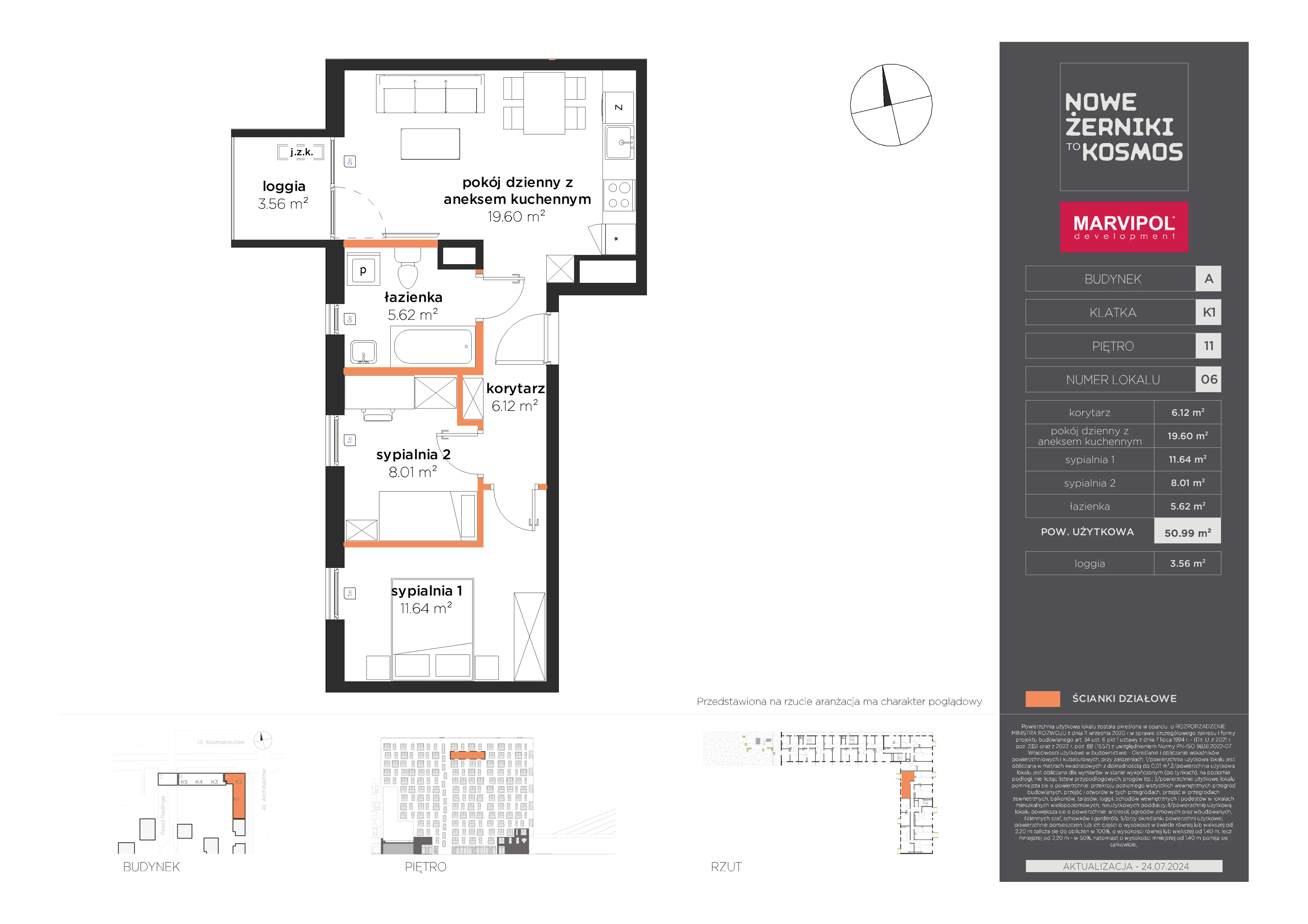 3 pokoje, mieszkanie 50,99 m², piętro 11, oferta nr A/A-11-06-K1, Nowe Żerniki to KOSMOS, Wrocław, Żerniki, ul. Kosmonautów / al. Architektów