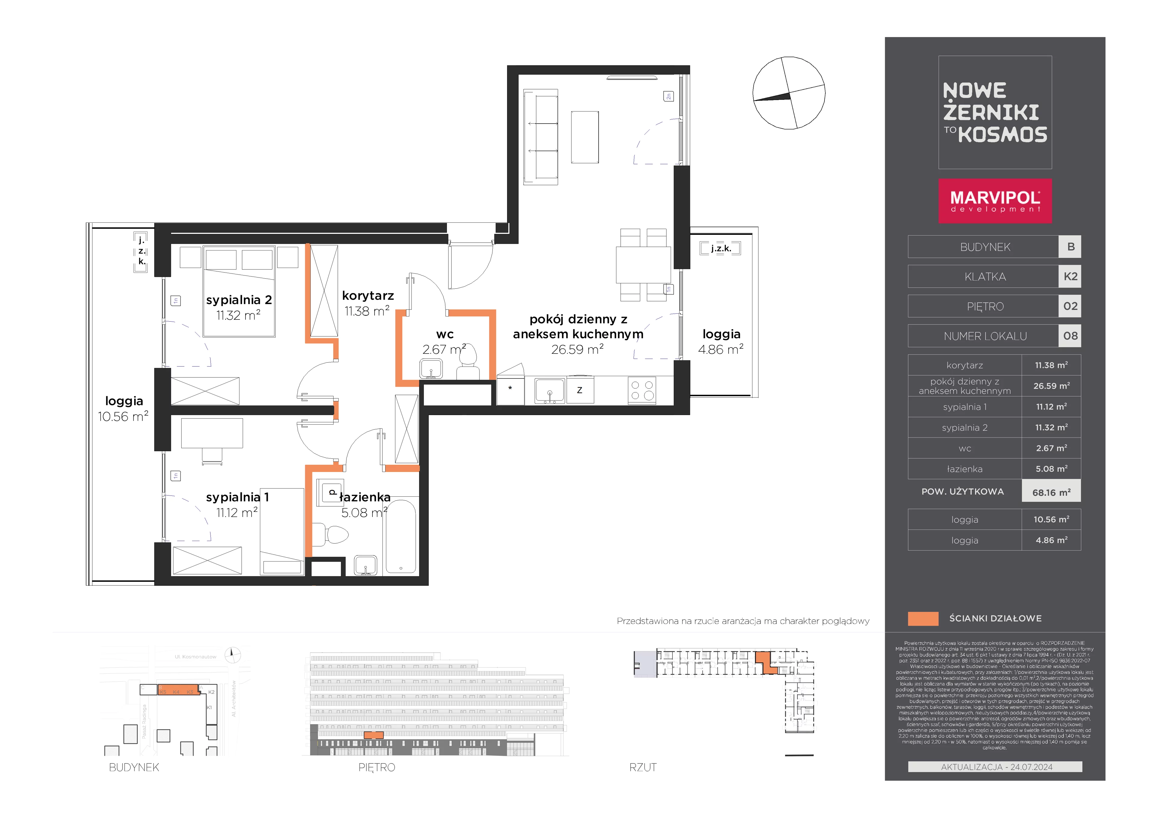 3 pokoje, mieszkanie 68,16 m², piętro 2, oferta nr B/AB-02-08-K2, Nowe Żerniki to KOSMOS, Wrocław, Żerniki, ul. Kosmonautów / al. Architektów