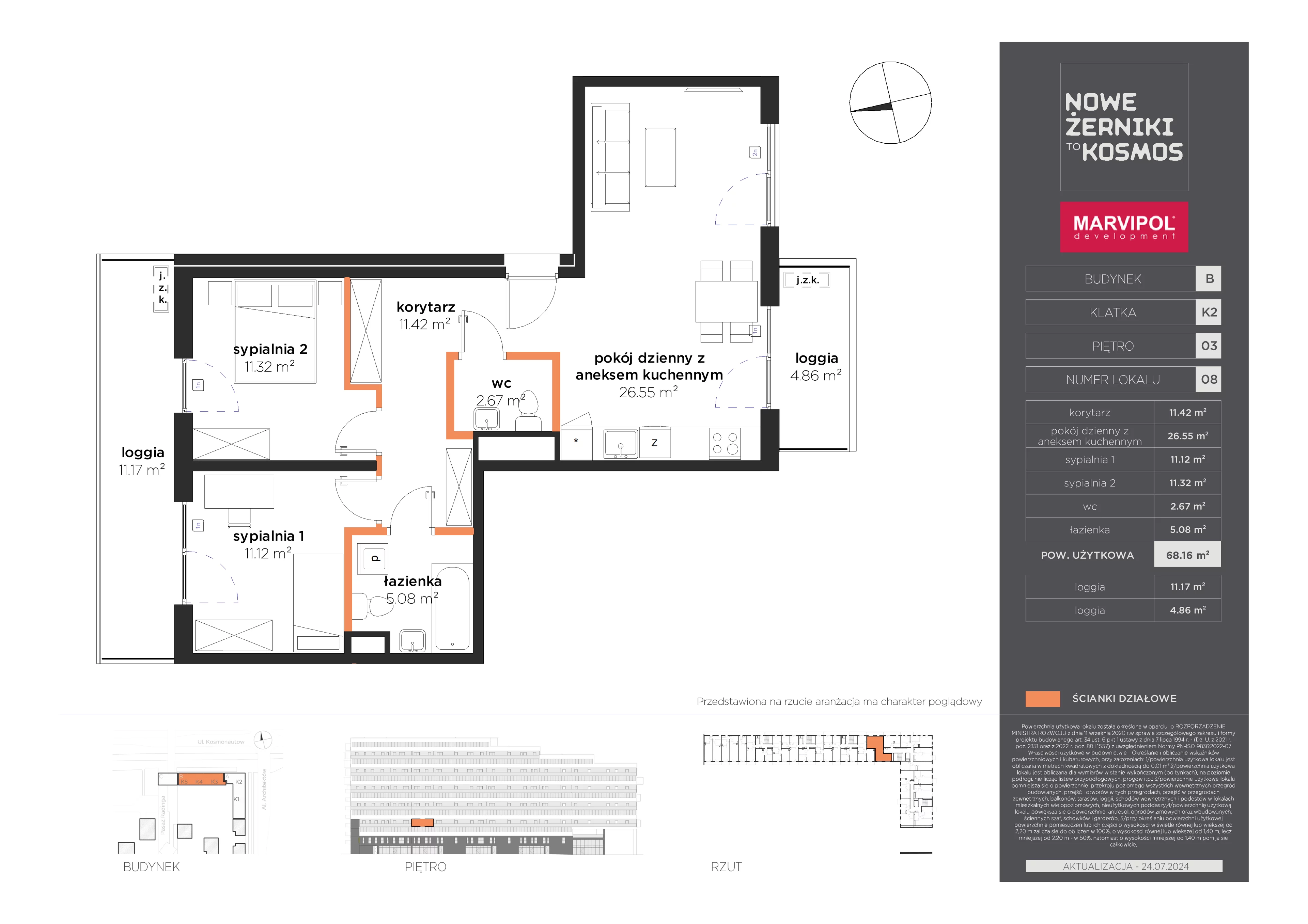 3 pokoje, mieszkanie 68,16 m², piętro 3, oferta nr B/AB-03-08-K2, Nowe Żerniki to KOSMOS, Wrocław, Żerniki, ul. Kosmonautów / al. Architektów