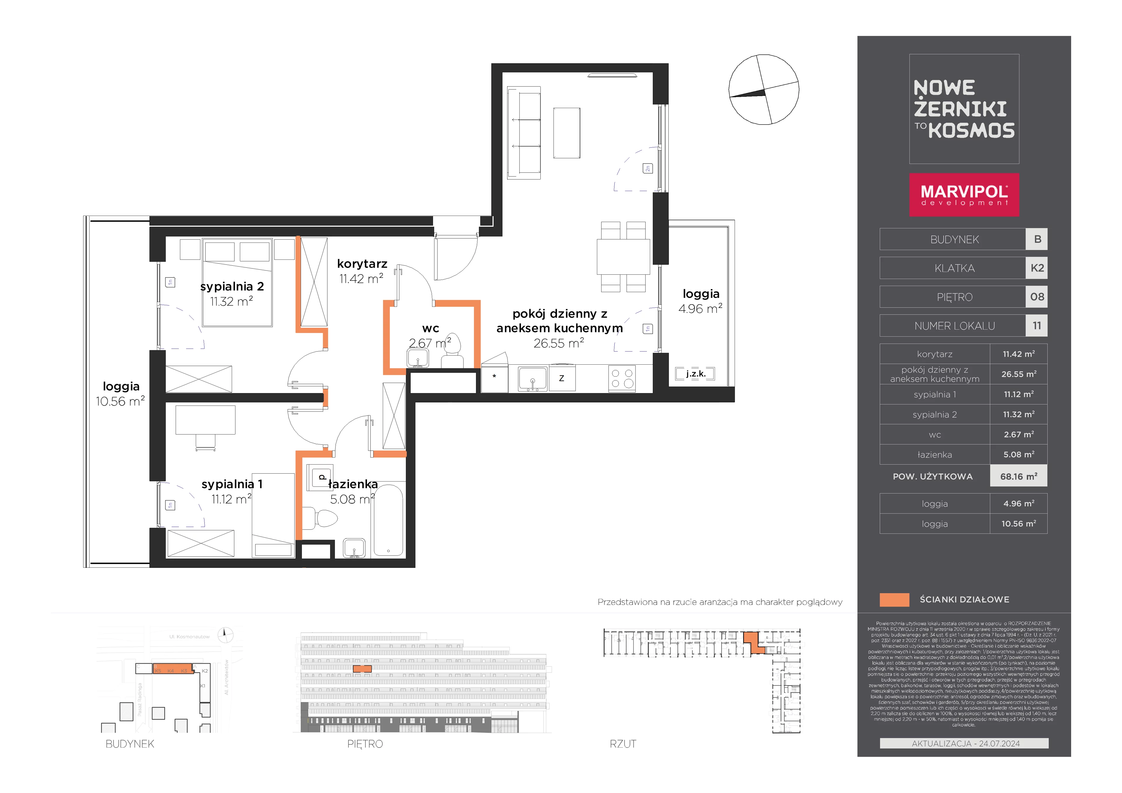 3 pokoje, mieszkanie 68,16 m², piętro 8, oferta nr B/AB-08-11-K2, Nowe Żerniki to KOSMOS, Wrocław, Żerniki, ul. Kosmonautów / al. Architektów