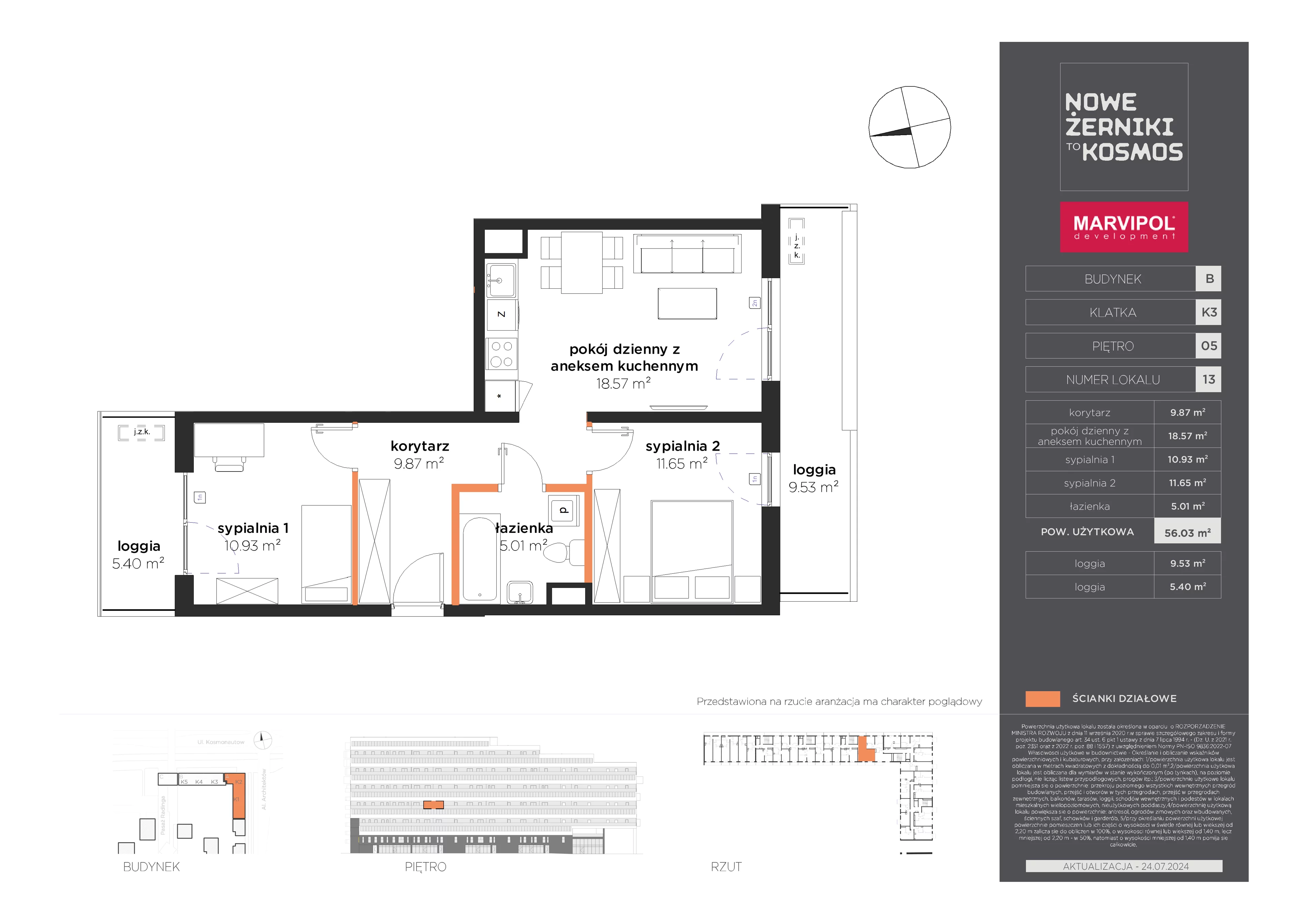 3 pokoje, mieszkanie 56,03 m², piętro 5, oferta nr B/B-05-13-K3, Nowe Żerniki to KOSMOS, Wrocław, Żerniki, ul. Kosmonautów / al. Architektów