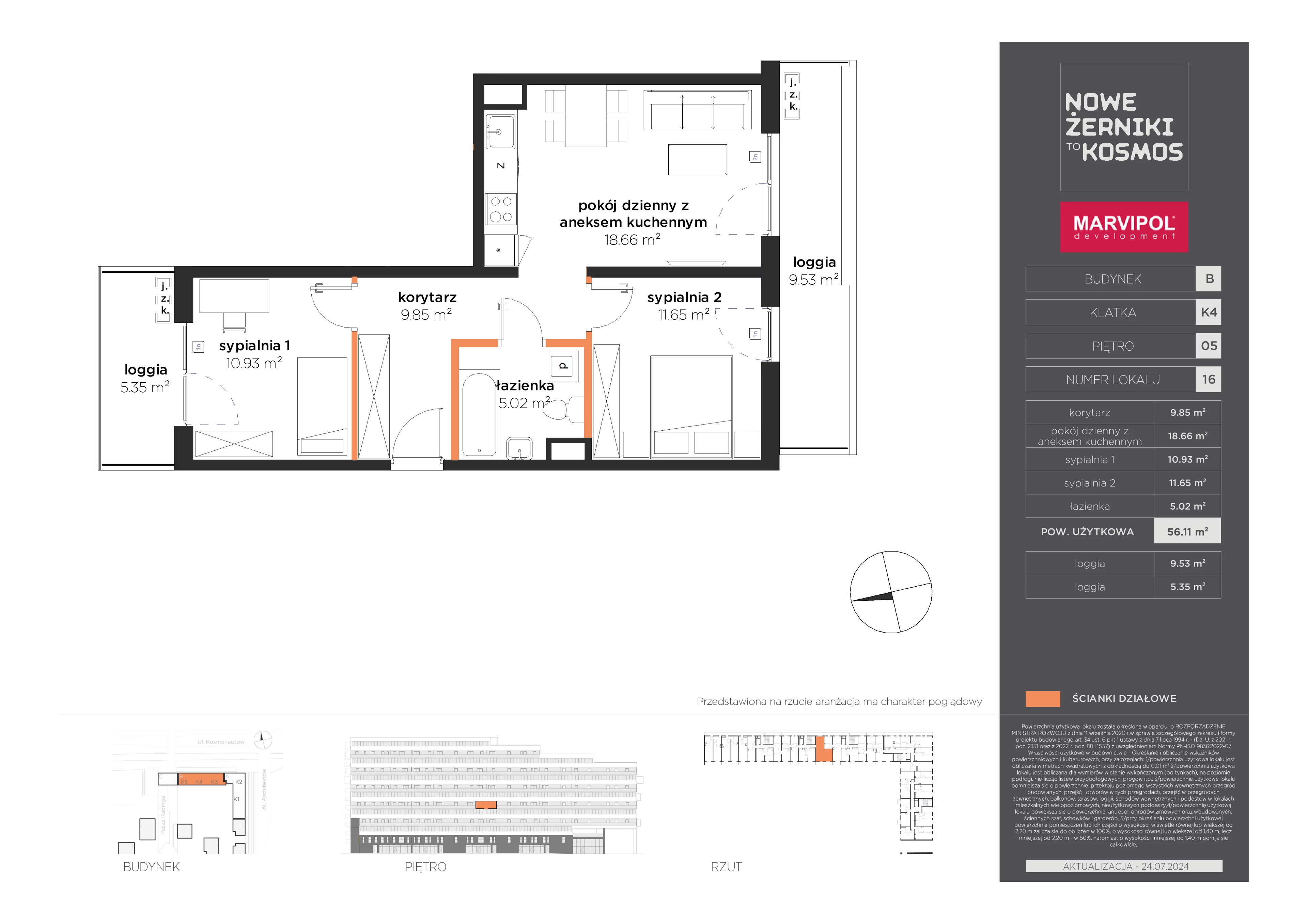 3 pokoje, mieszkanie 56,11 m², piętro 5, oferta nr B/B-05-16-K4, Nowe Żerniki to KOSMOS, Wrocław, Żerniki, ul. Kosmonautów / al. Architektów