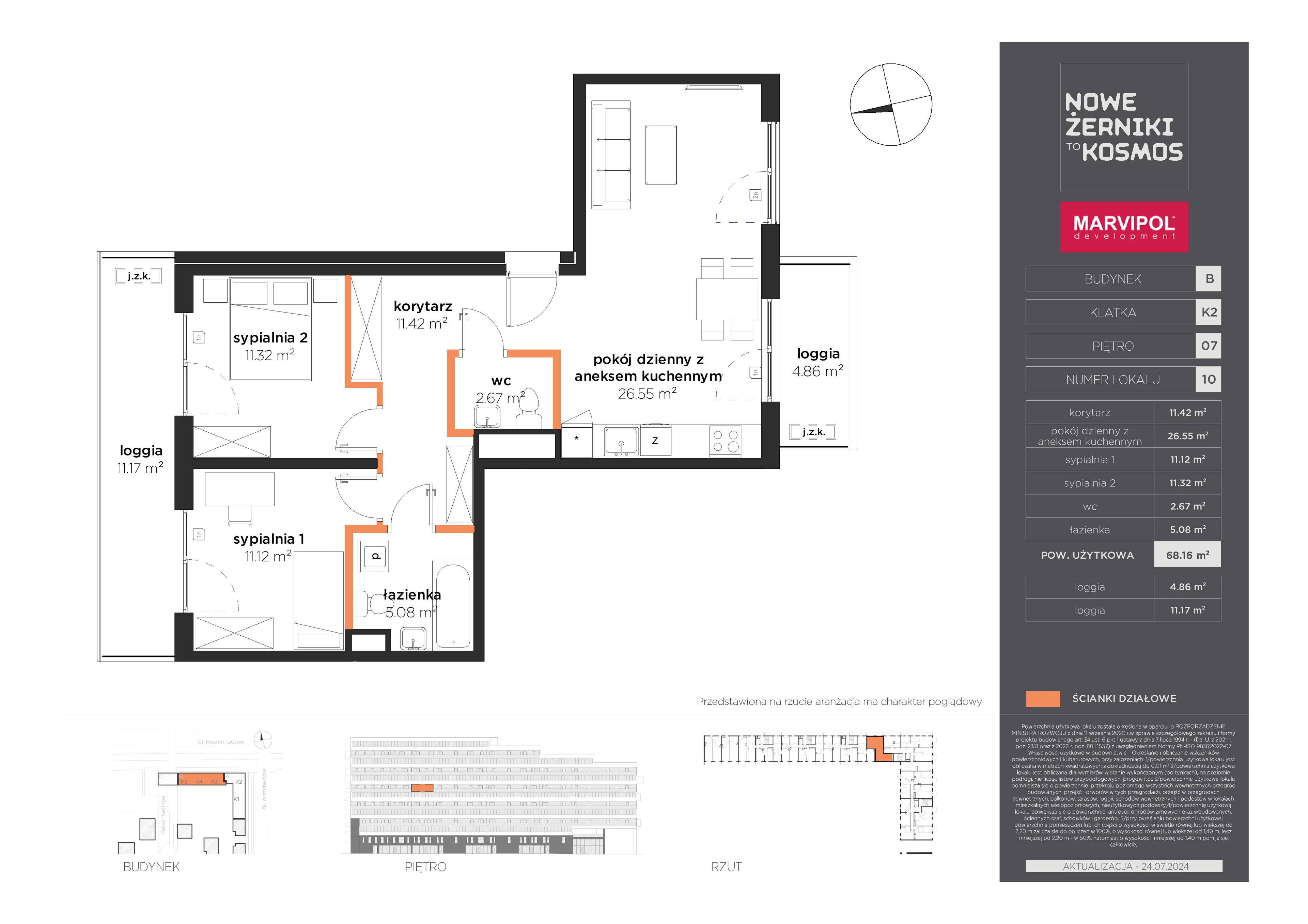3 pokoje, mieszkanie 68,16 m², piętro 7, oferta nr B/AB-07-10-K2, Nowe Żerniki, Wrocław, Żerniki, ul. Kosmonautów / al. Architektów