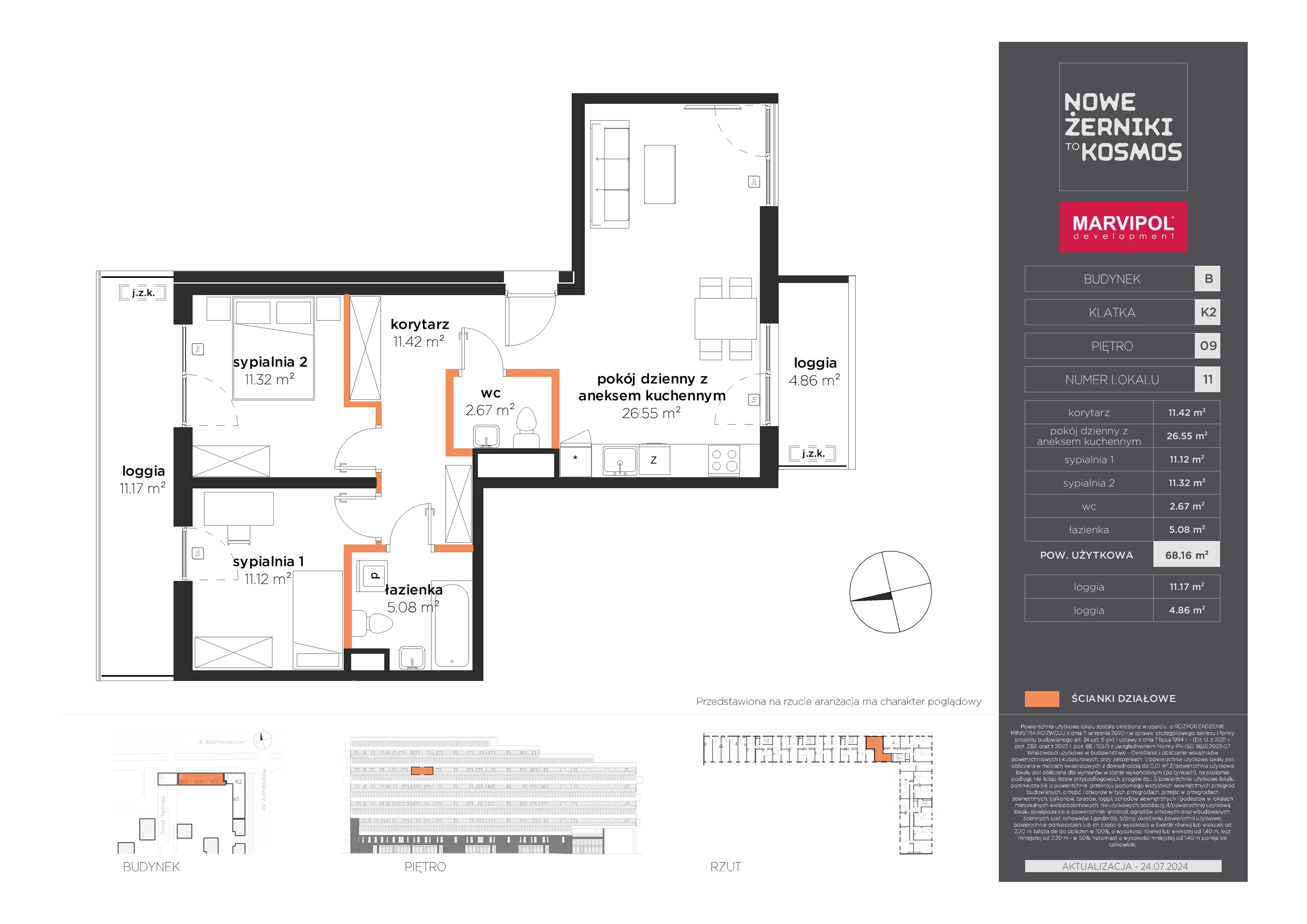 3 pokoje, mieszkanie 68,16 m², piętro 9, oferta nr B/AB-09-11-K2, Nowe Żerniki, Wrocław, Żerniki, ul. Kosmonautów / al. Architektów