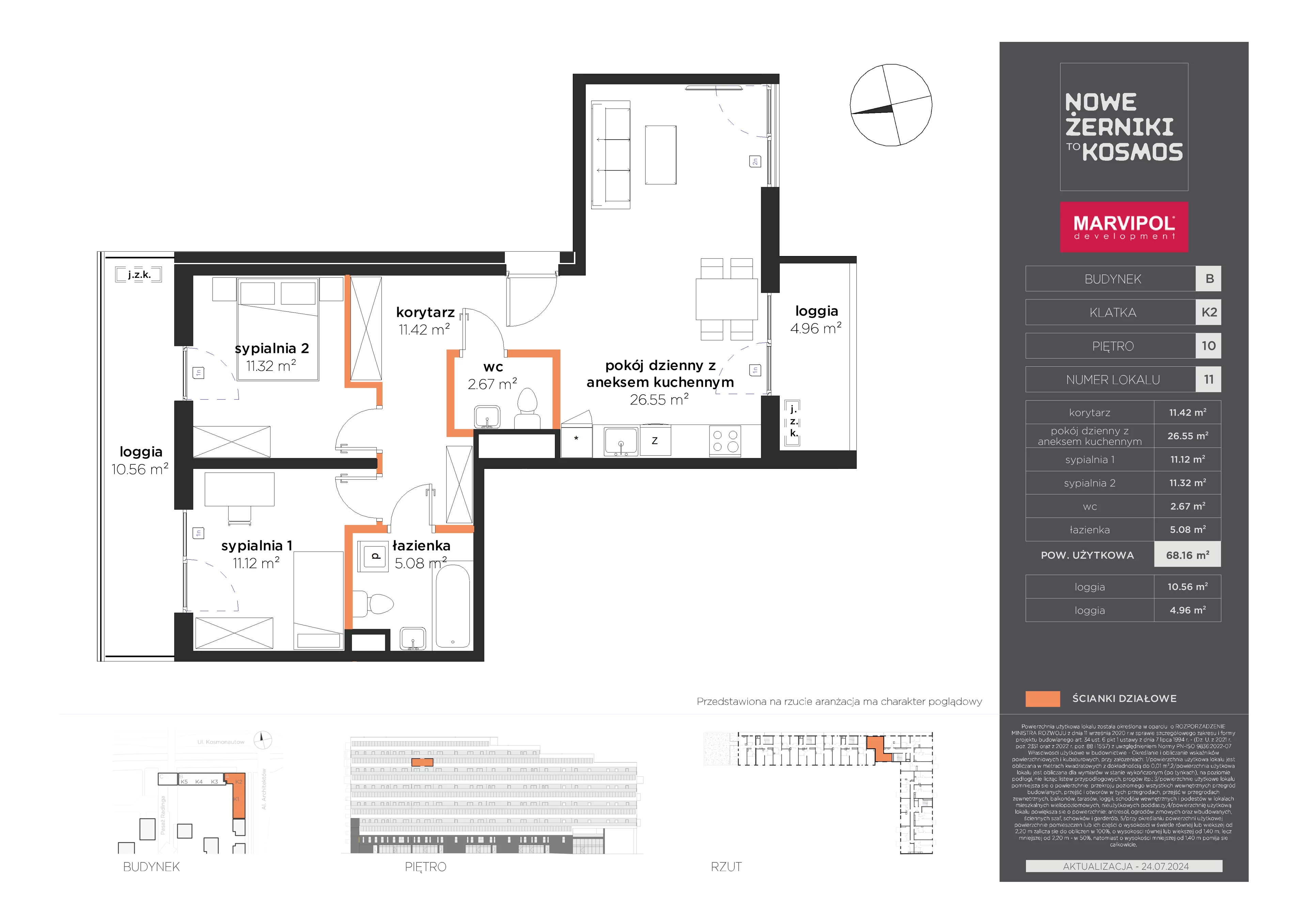 3 pokoje, mieszkanie 68,16 m², piętro 10, oferta nr B/AB-10-11-K2, Nowe Żerniki, Wrocław, Żerniki, ul. Kosmonautów / al. Architektów