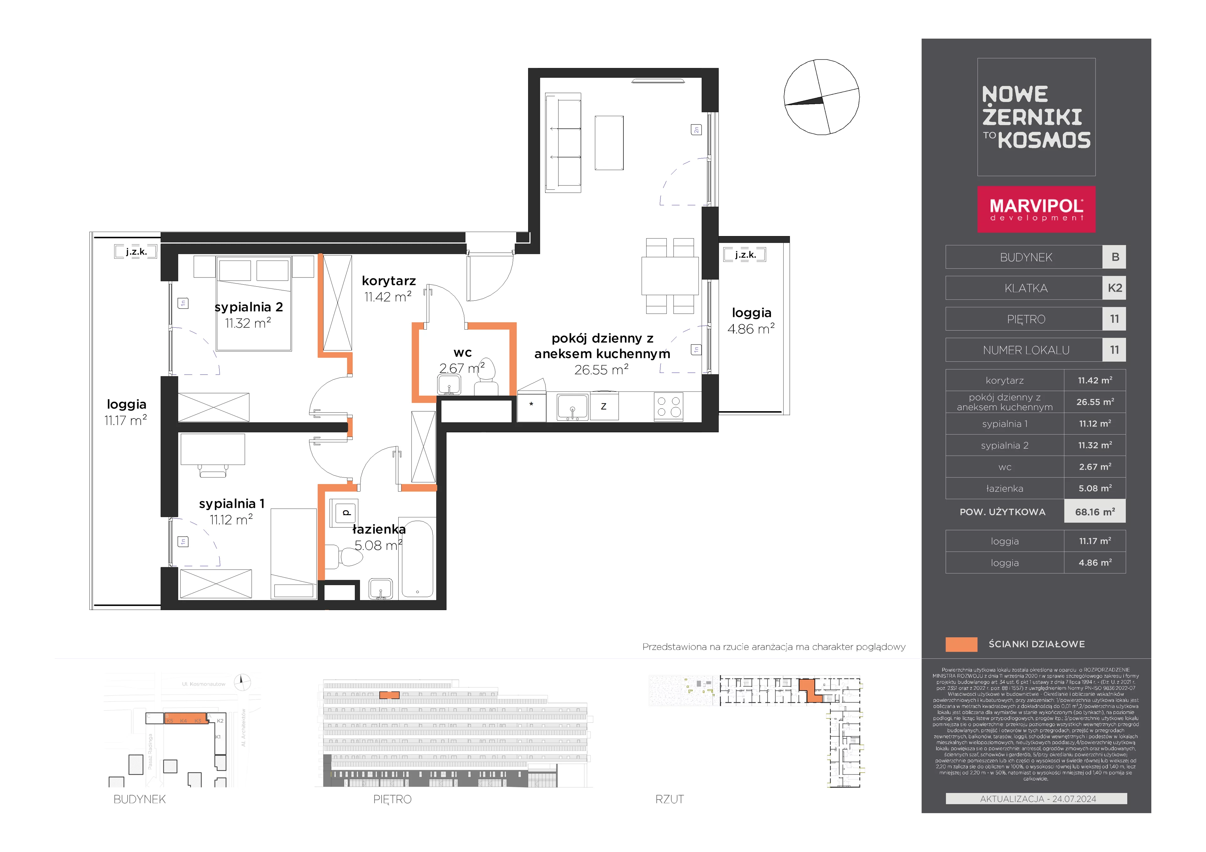 3 pokoje, mieszkanie 68,16 m², piętro 11, oferta nr B/AB-11-11-K2, Nowe Żerniki, Wrocław, Żerniki, ul. Kosmonautów / al. Architektów