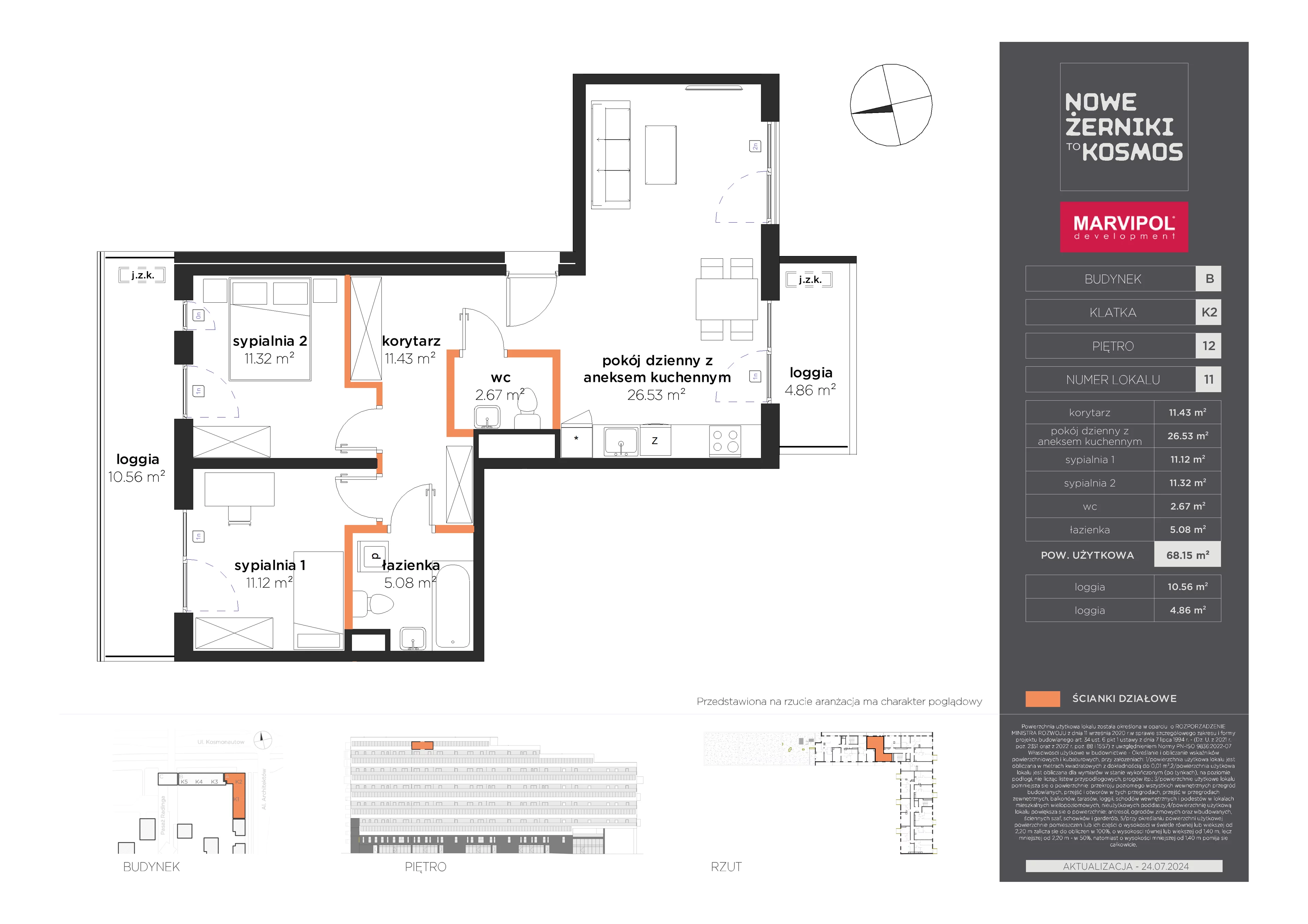 3 pokoje, mieszkanie 68,15 m², piętro 12, oferta nr B/AB-12-11-K2, Nowe Żerniki, Wrocław, Żerniki, ul. Kosmonautów / al. Architektów