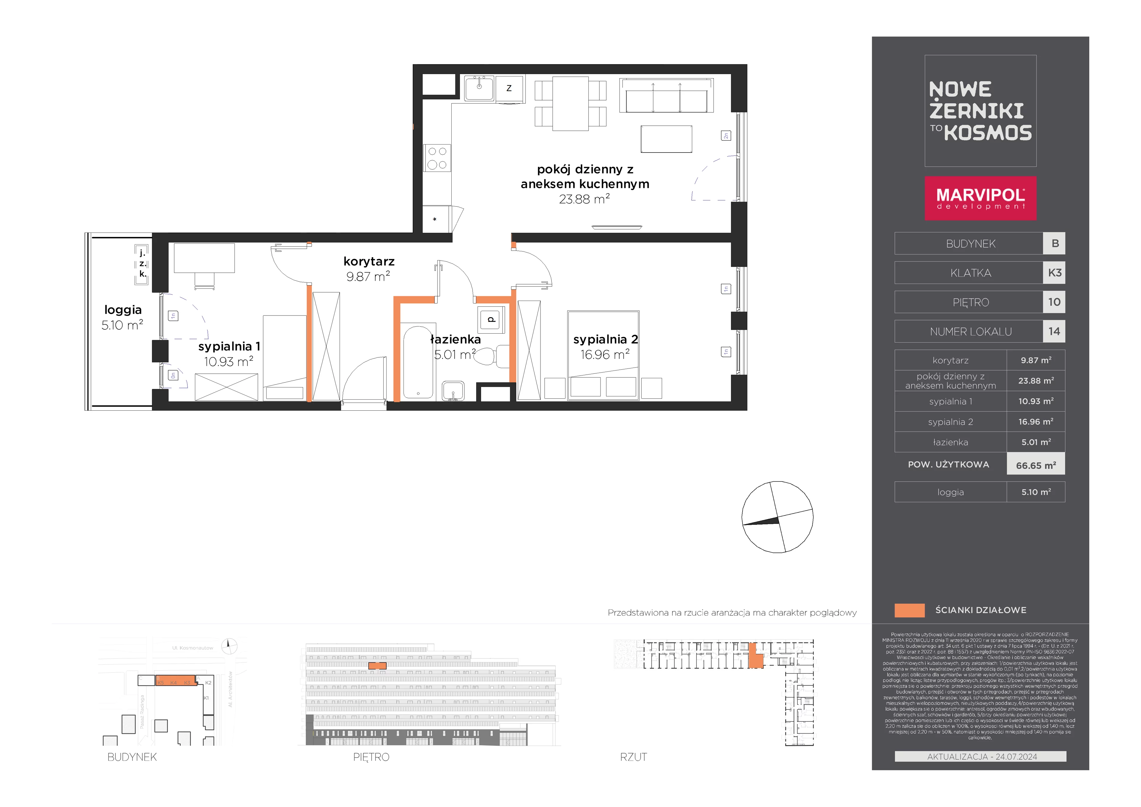 3 pokoje, mieszkanie 66,65 m², piętro 10, oferta nr B/B-10-14-K3, Nowe Żerniki, Wrocław, Żerniki, ul. Kosmonautów / al. Architektów