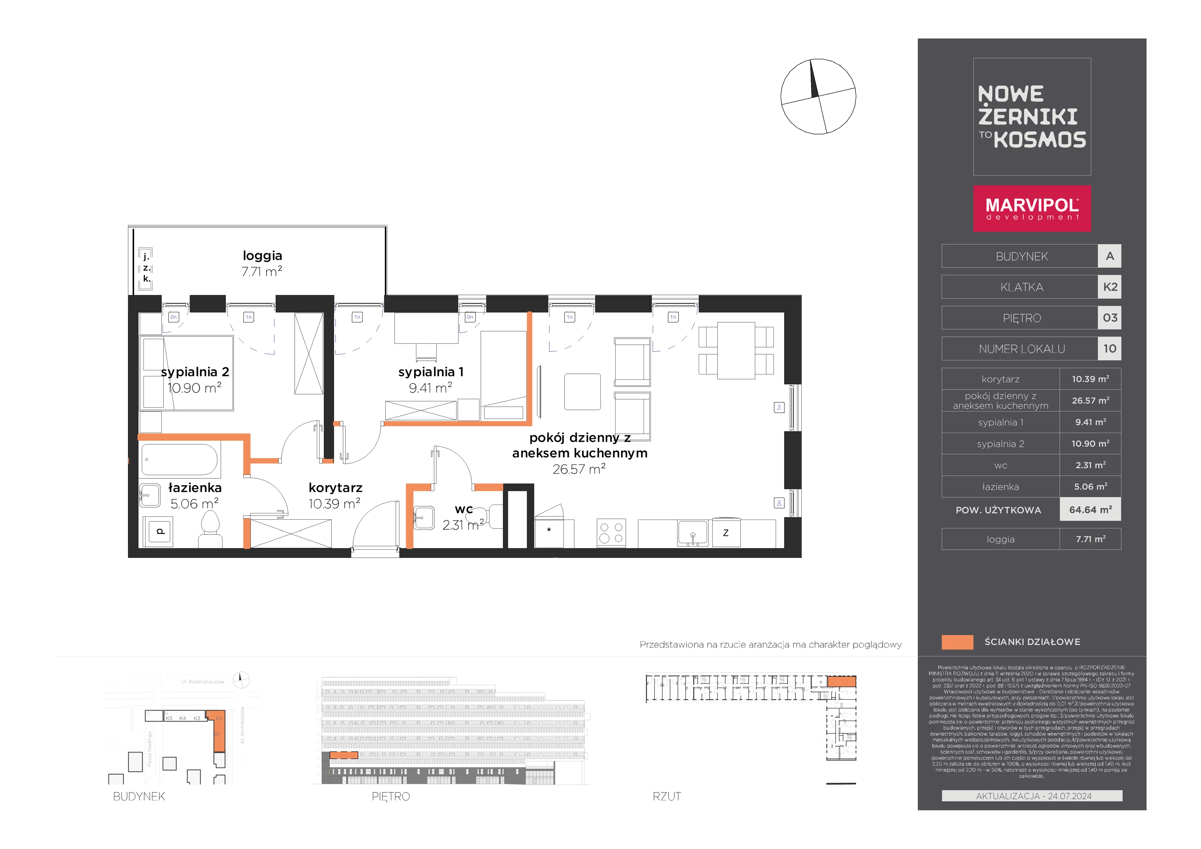 3 pokoje, mieszkanie 64,64 m², piętro 3, oferta nr A/A-03-10-K2, Nowe Żerniki, Wrocław, Żerniki, ul. Kosmonautów / al. Architektów